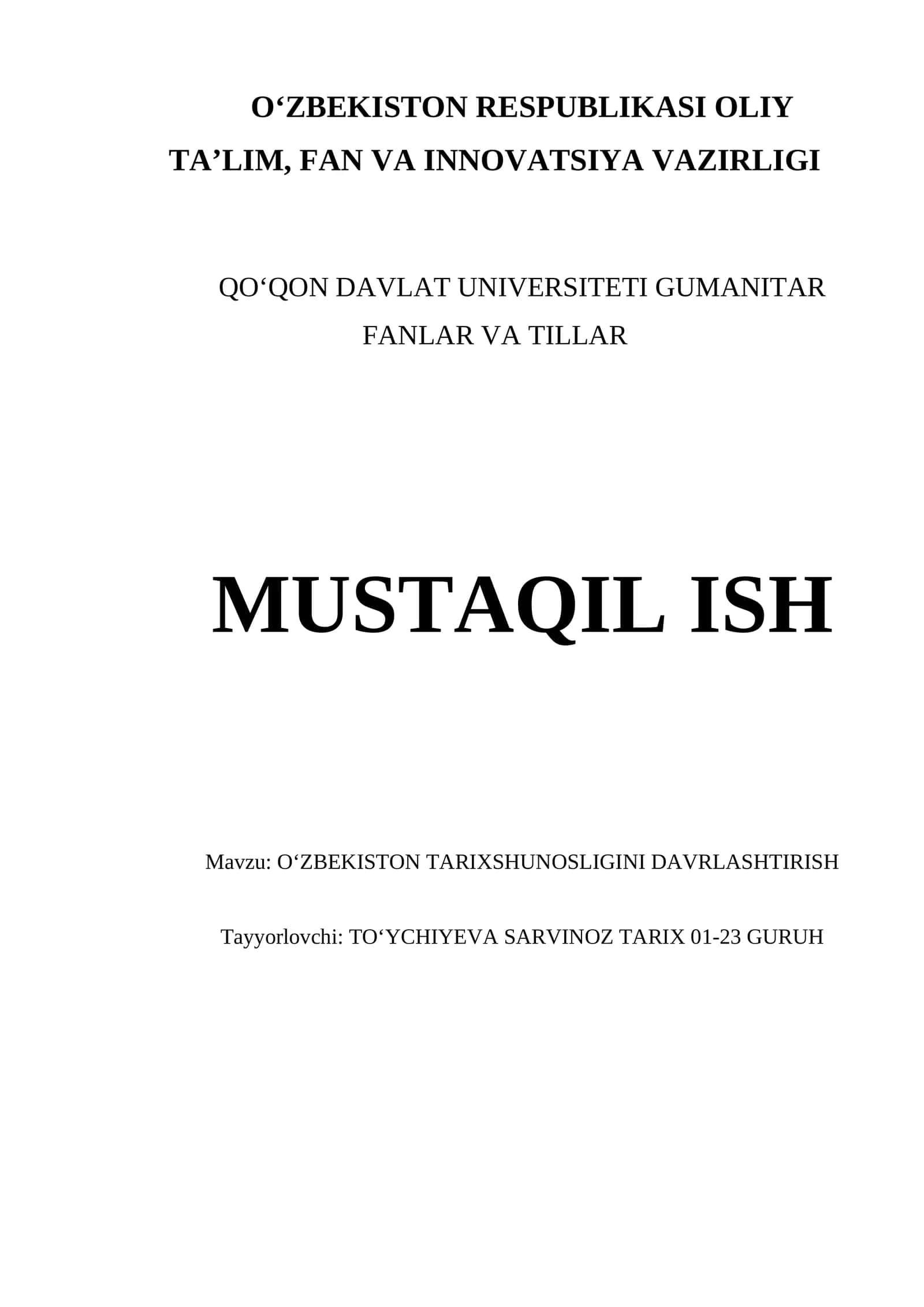 OʻZBEKISTON TARIXSHUNOSLIGINI DAVRLASHTIRISH