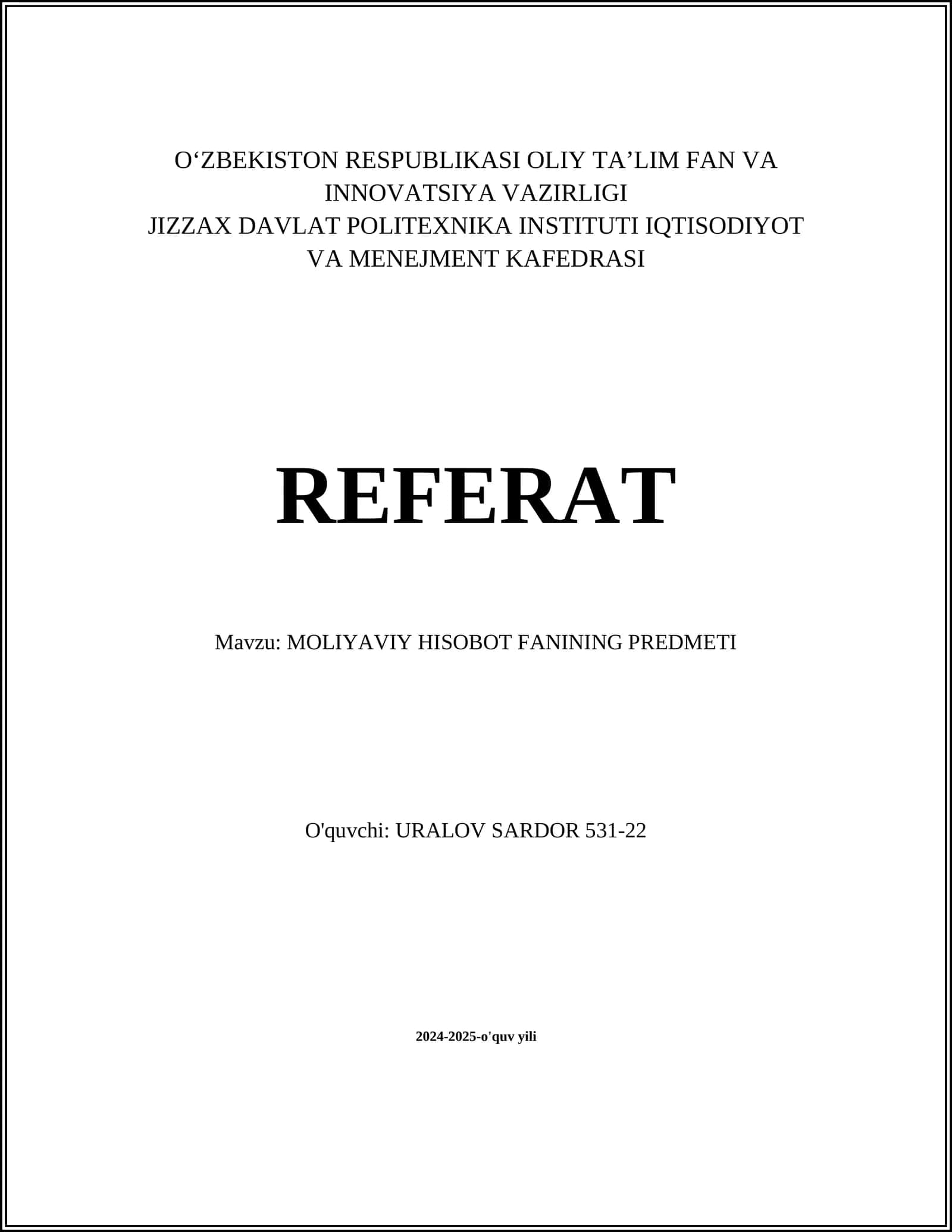 Moliyaviy hisobot fanining predmeti
