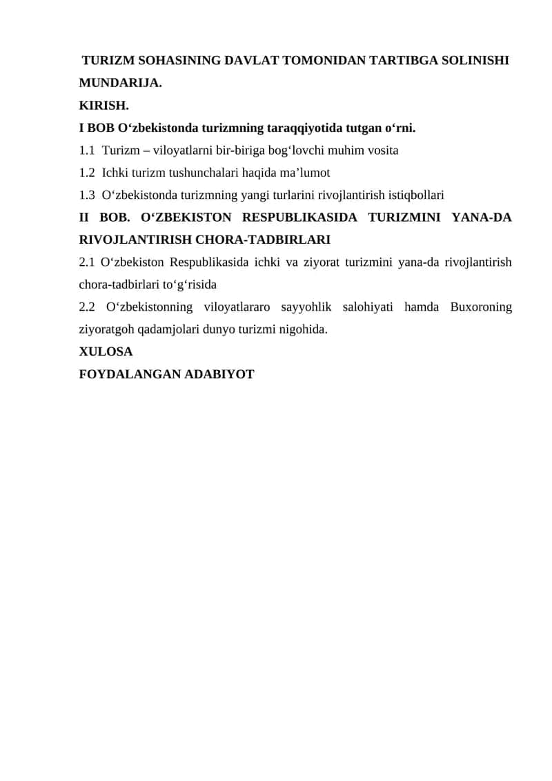 Turizm Sohasining Davlat Tomonidan Tartibga Solinishi