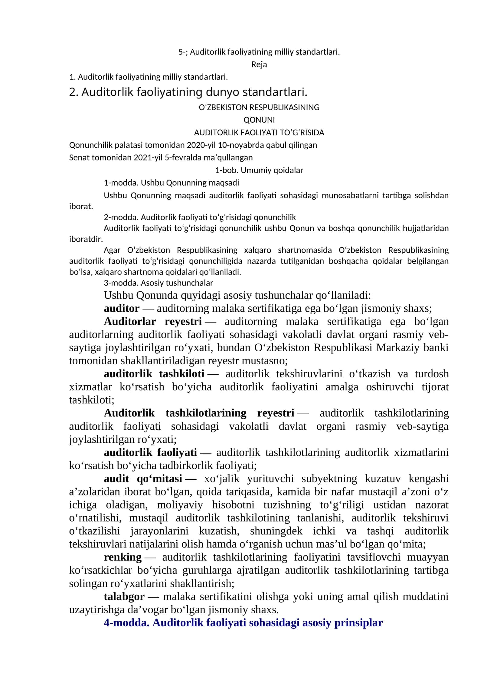 Auditorlik faoliyatining milliy standartlari