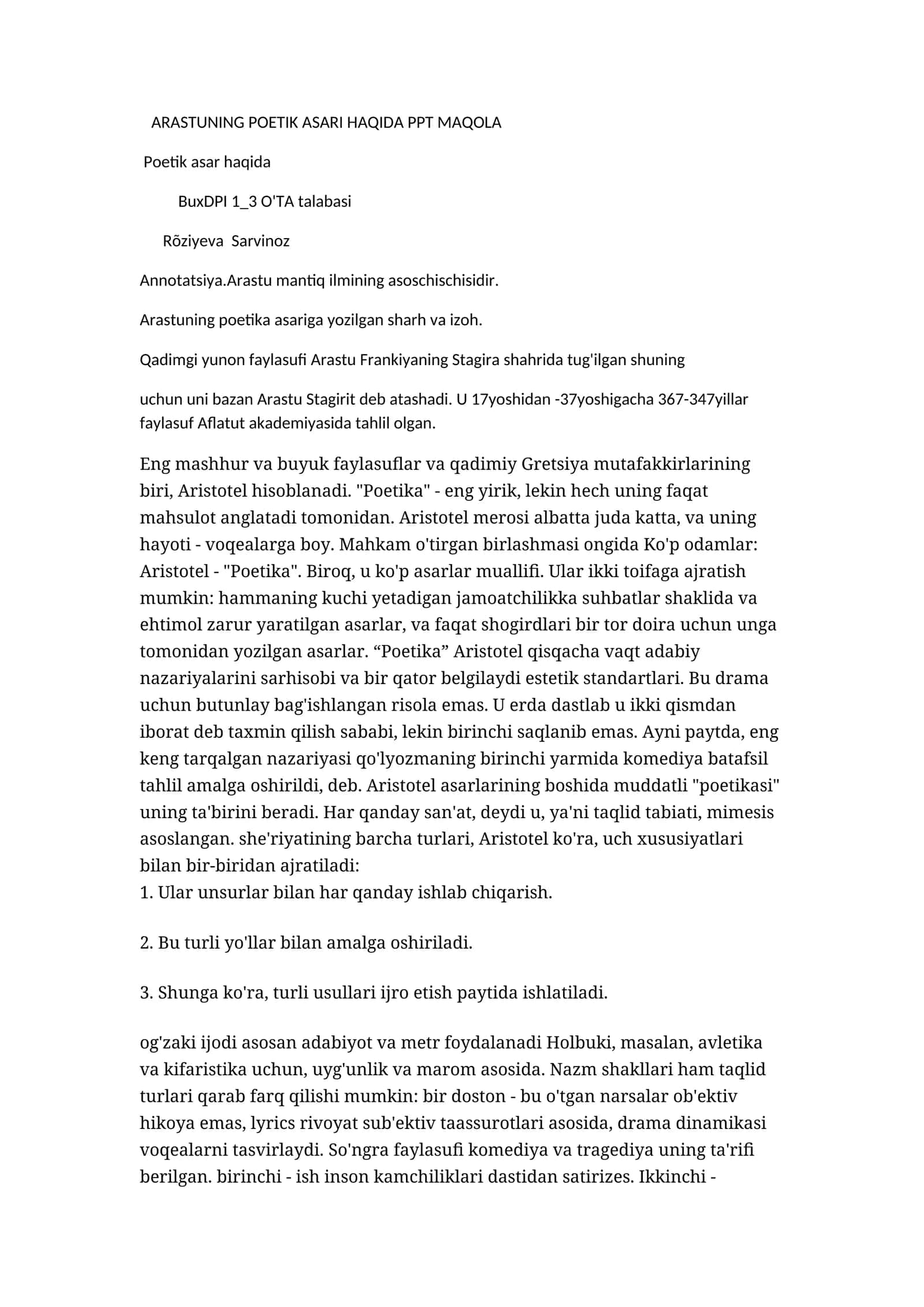 ARASTUNING POETIK ASARI HAQIDA PPT MAQOLA