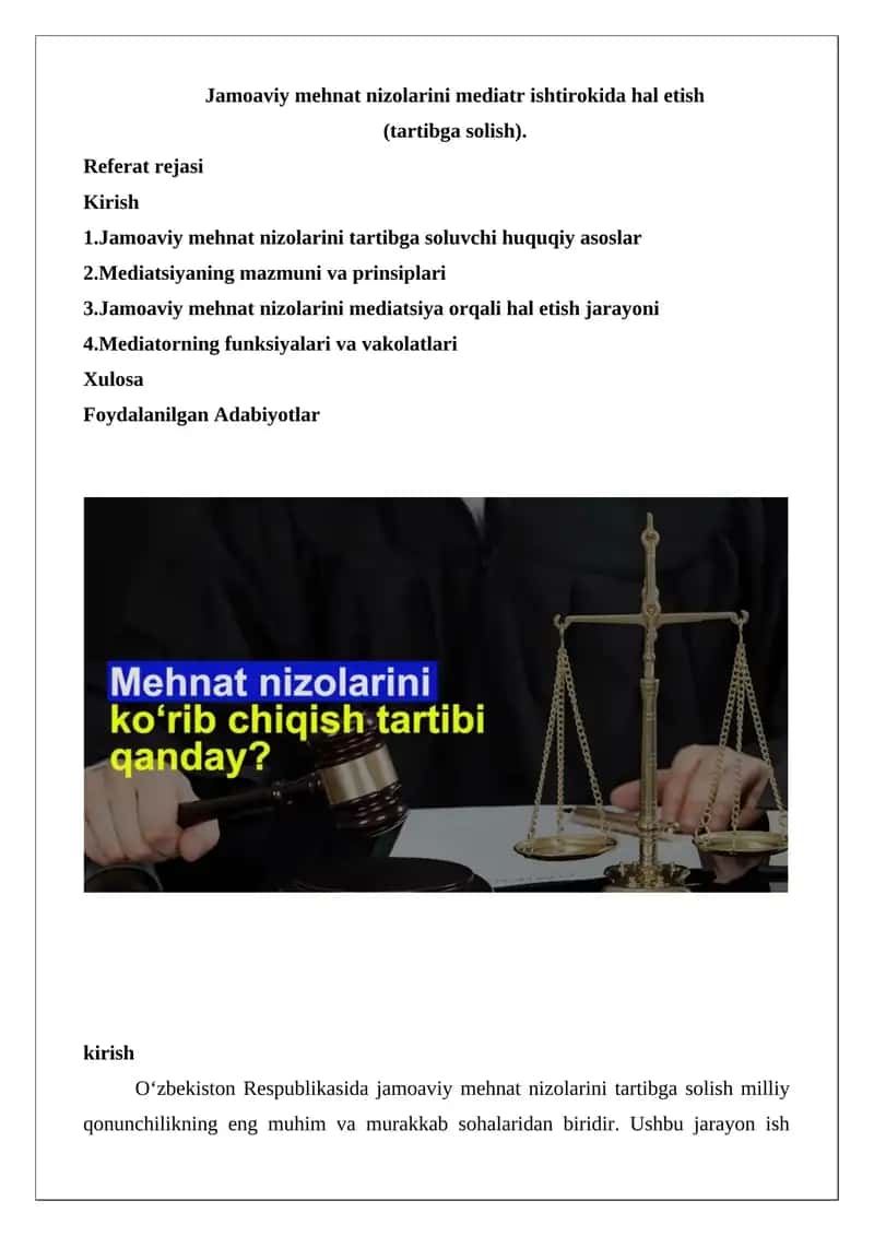 Jamoaviy mehnat nizolarini mediatr ishtirokida hal etish (tartibga solish) Referat