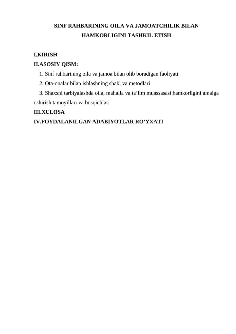 SINF RAHBARINING OILA VA JAMOATCHILIK BILAN HAMKORLIGINI TASHKIL ETISH