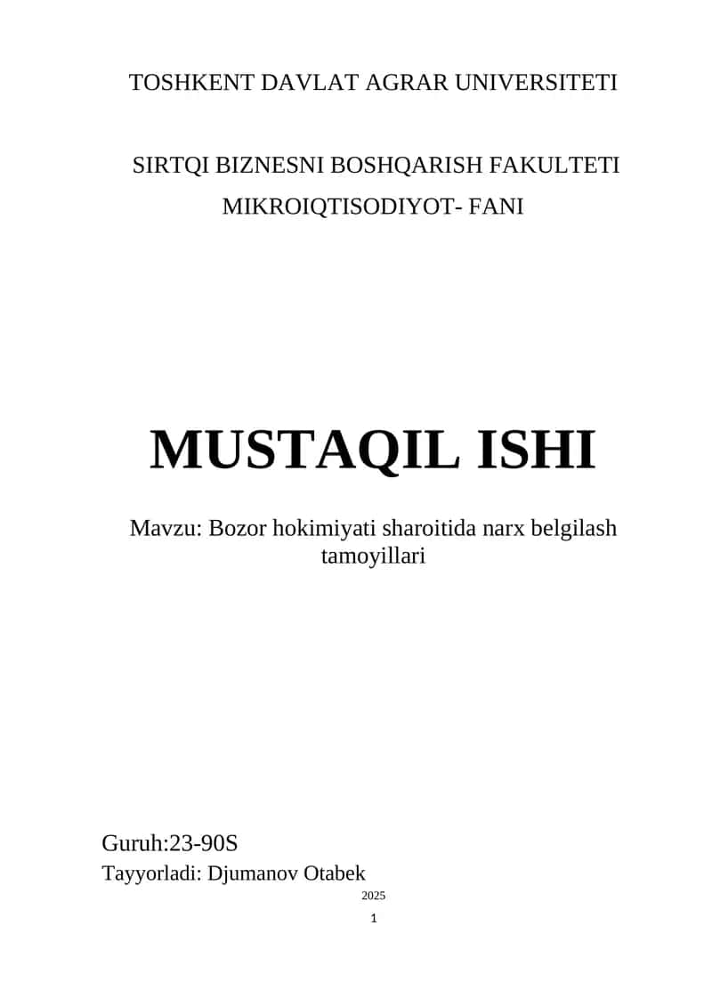 Bozor hokimiyati sharoitida narx belgilash tamoyillari