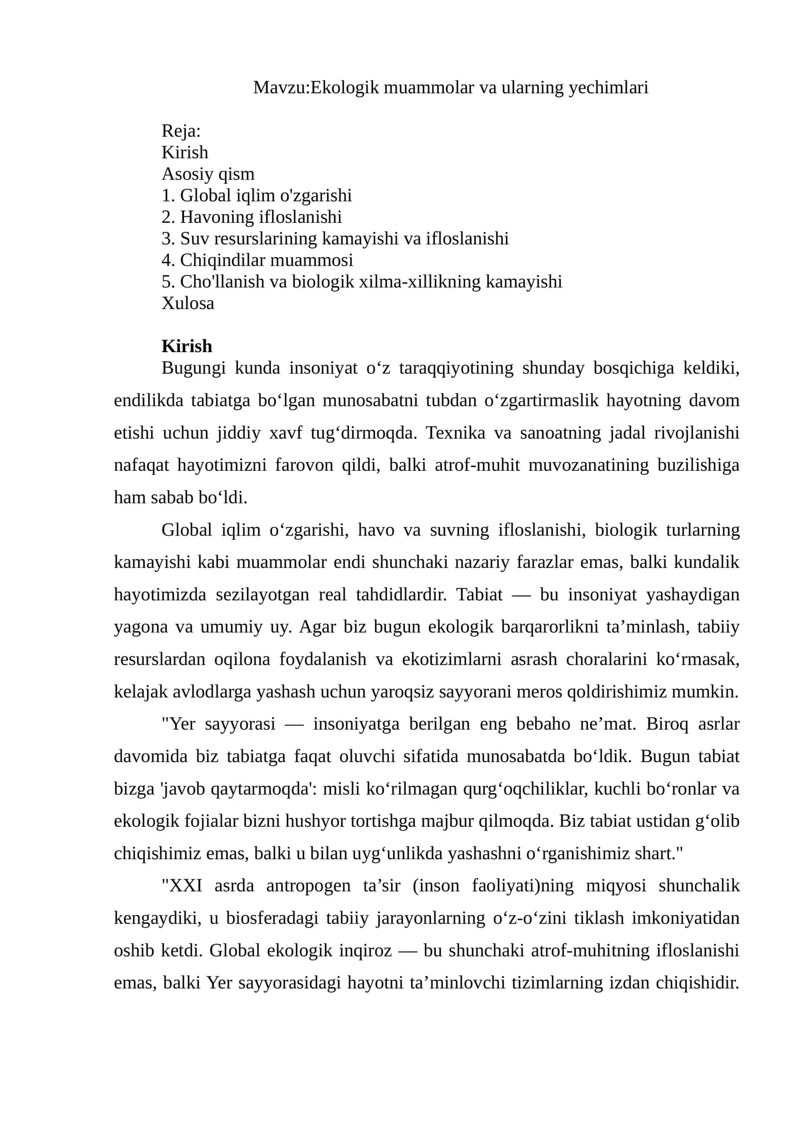 Ekologik muammolar va ularning yechimlari mustaqil ish