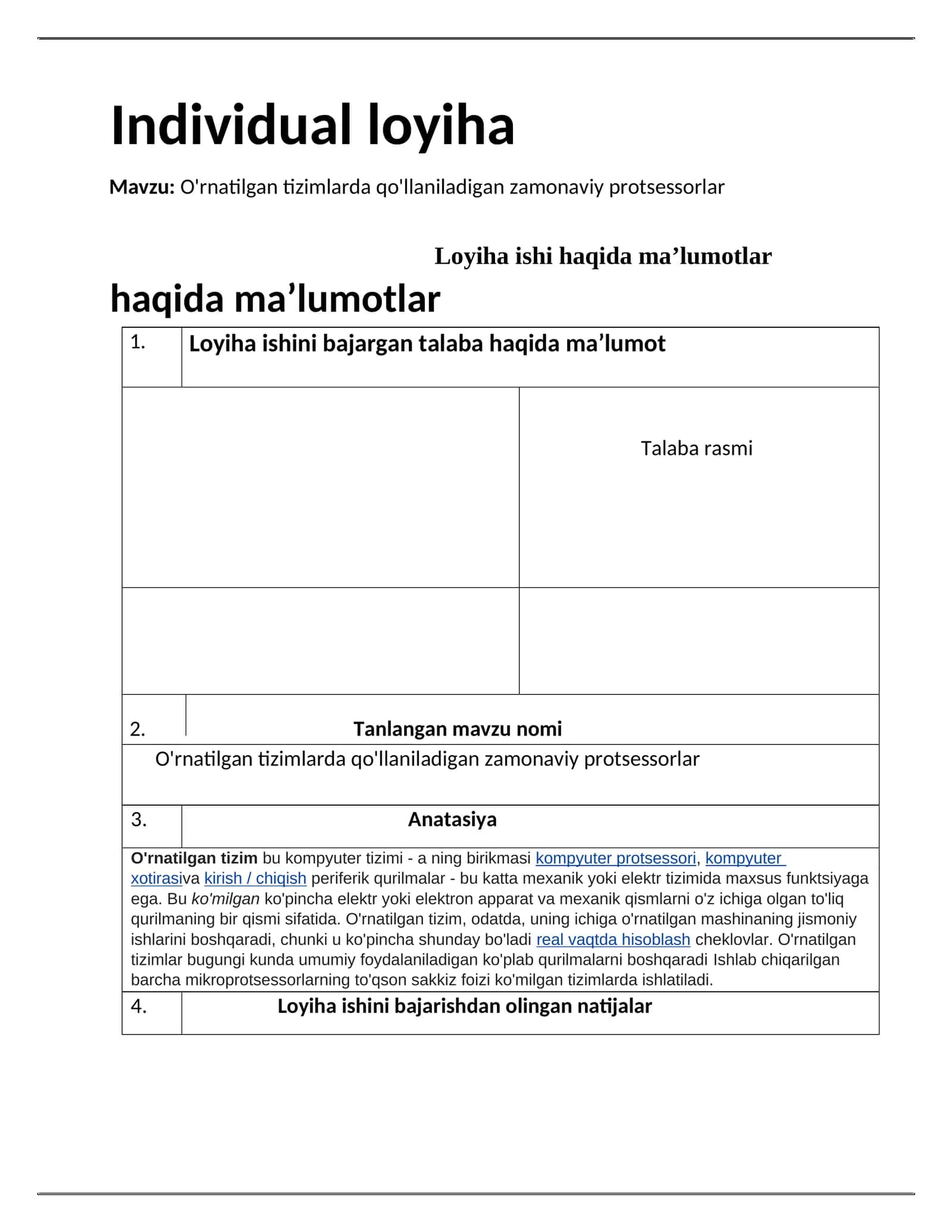 O'rnatilgan tizimlarda qo'llaniladigan zamonaviy protsessorlar