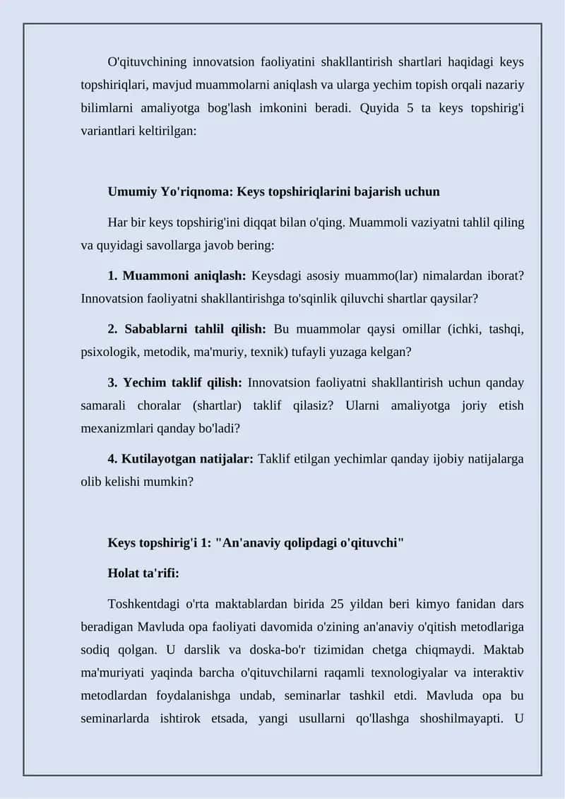 O'qituvchining innovatsion faoliyatini shakllantirish shartlari haqidagi keys topshiriqlari