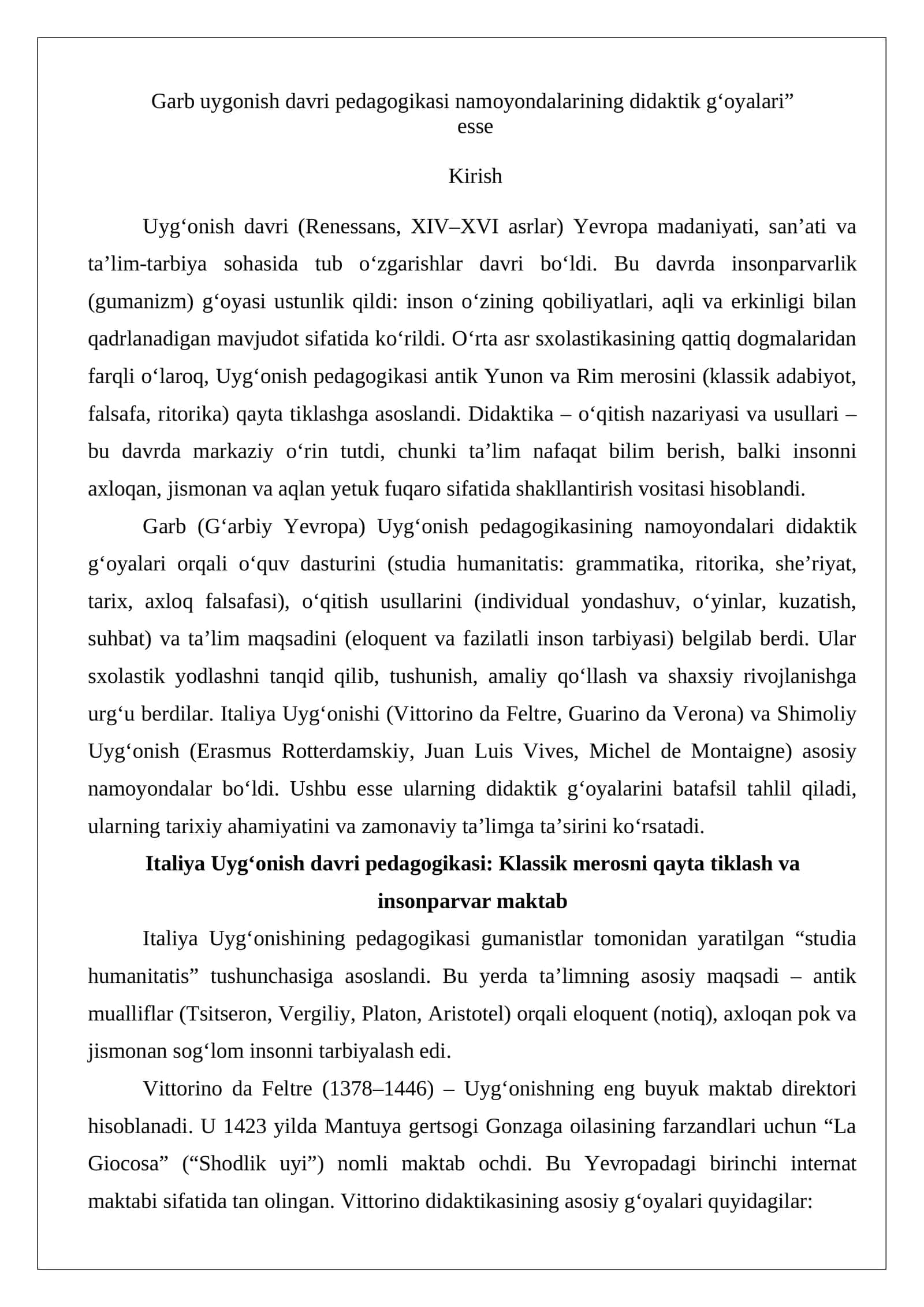 Garb uygonish davri pedagogikasi namoyondalarining didaktik g‘oyalari