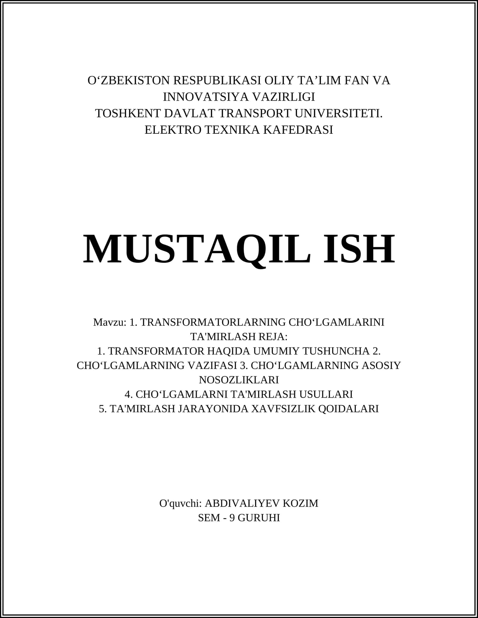 TRANSFORMATORLARNING CHOʻLGAMLARINI TA'MIRLASH REJA