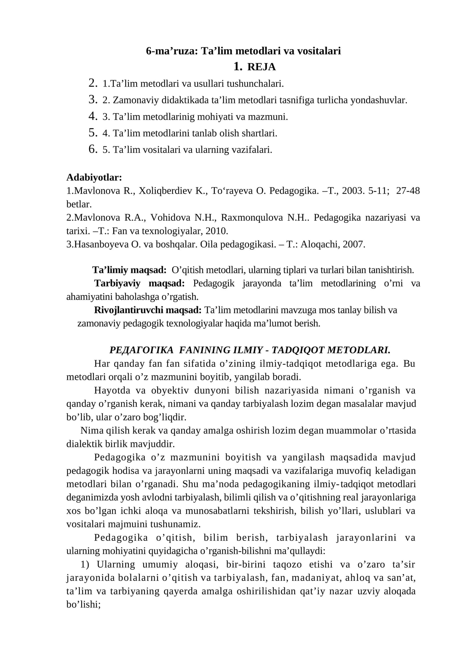 6-ma’ruza: Ta’lim metodlari va vositalari