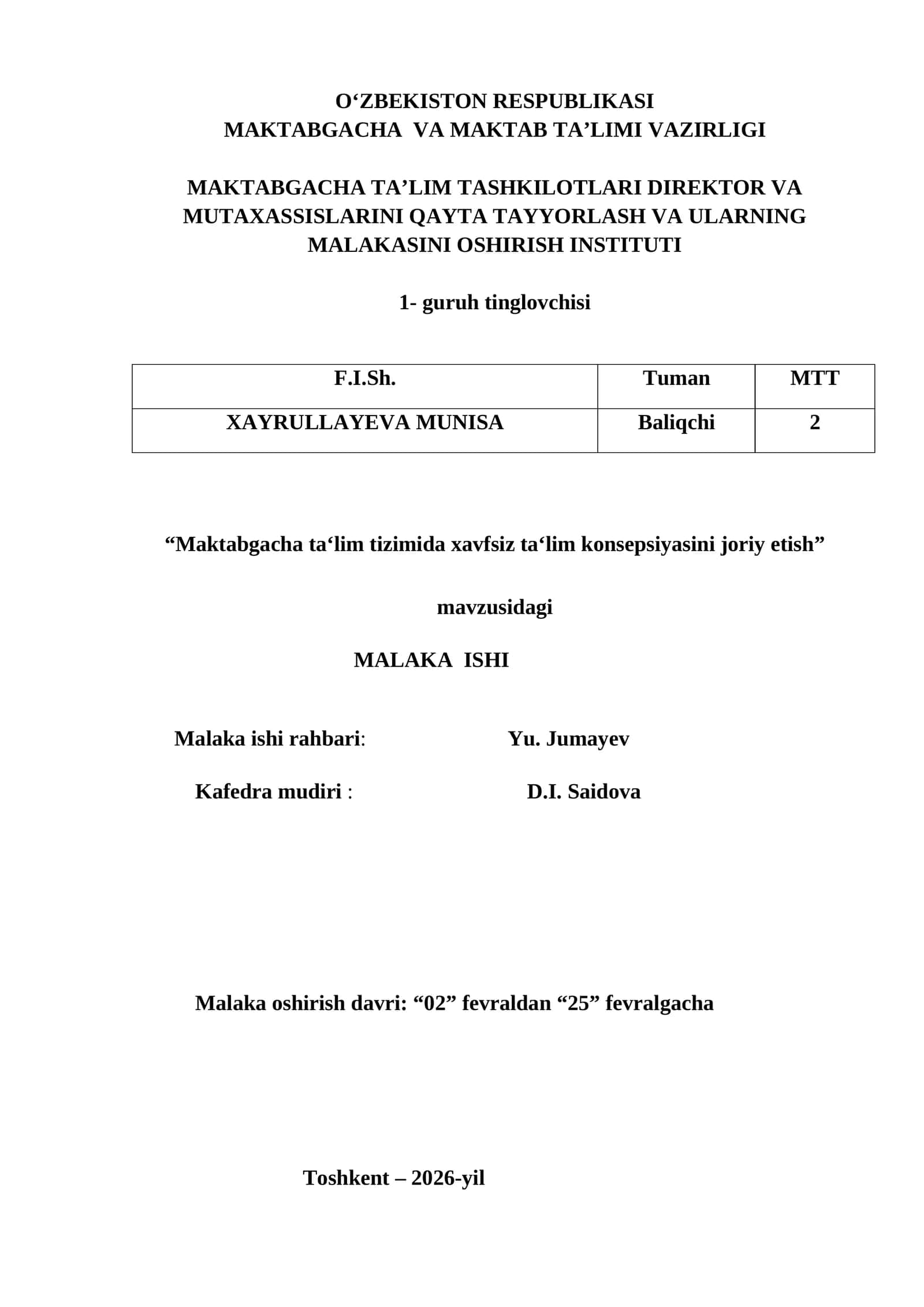 “Maktabgacha ta‘lim tizimida xavfsiz ta‘lim konsepsiyasini joriy etish”
