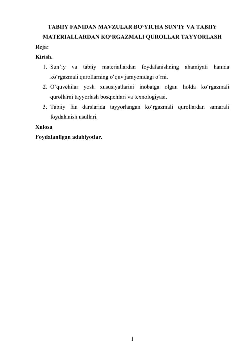 Tabiiy Fanidan Mavzular Boʻyicha Sunʼiy va Tabiiy Materiallardan Koʻrgazmali Qurollar Tayyorlash
