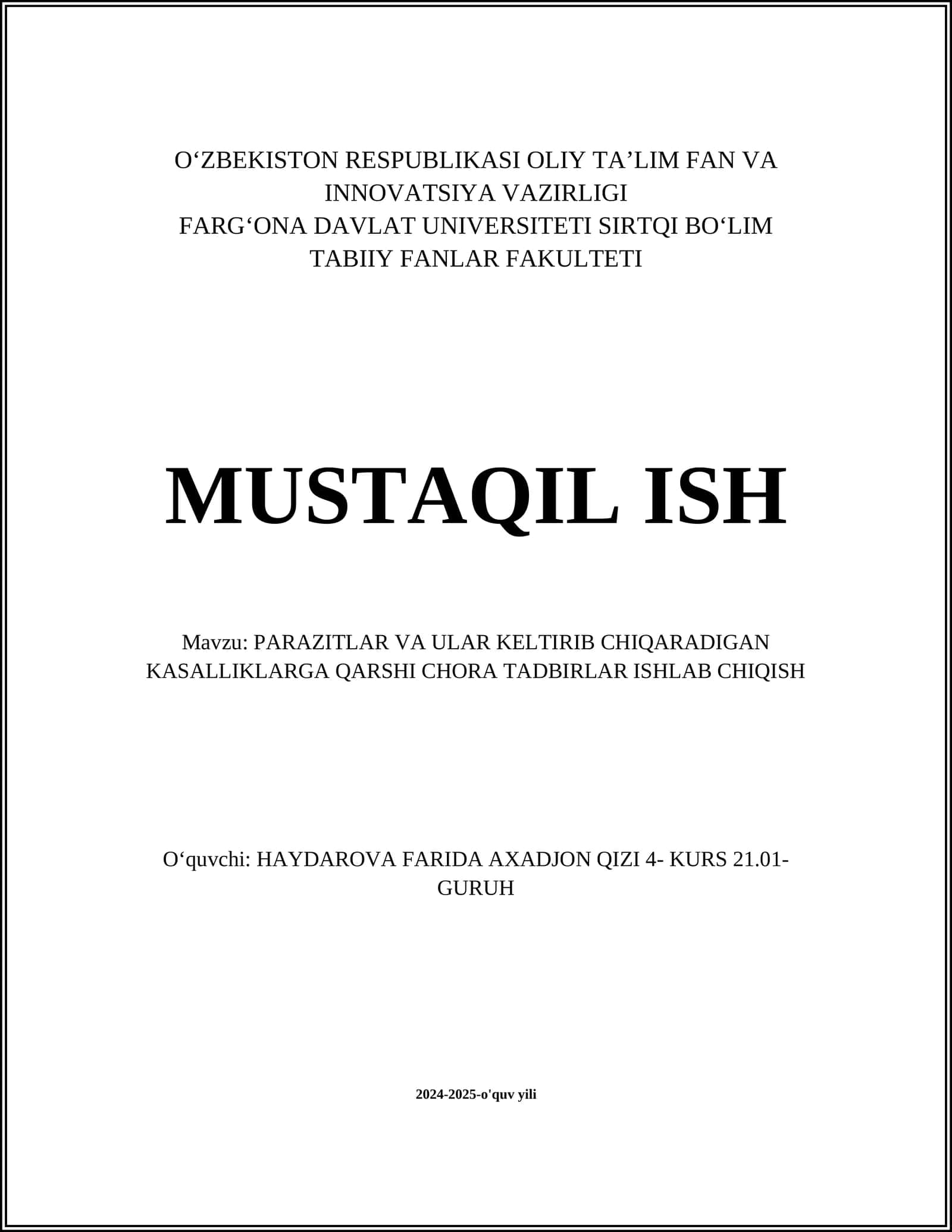 PARAZITLAR VA ULAR KELTIRIB CHIQARADIGAN KASALLIKLARGA QARSHI CHORA TADBIRLAR