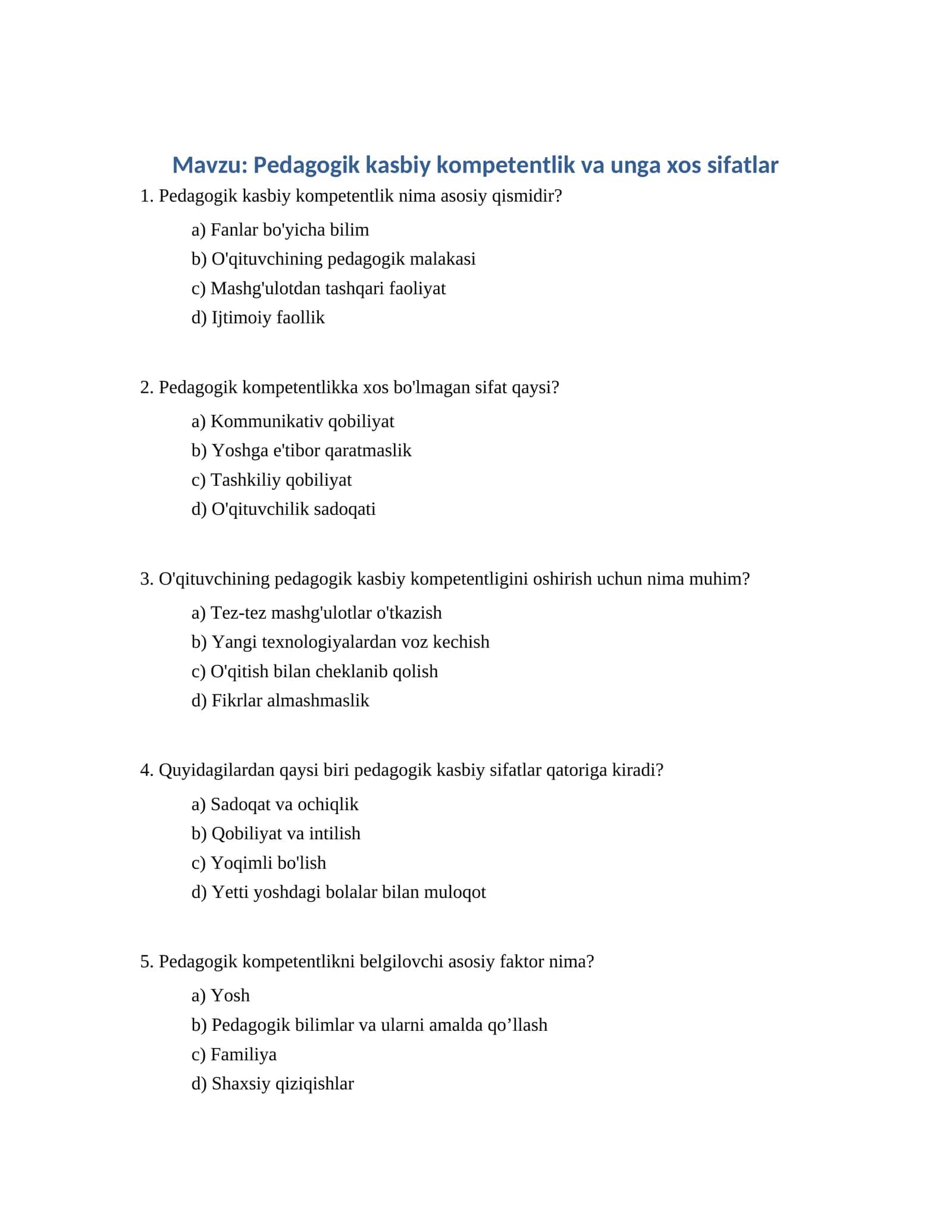 Pedagogik kasbiy kompetentlik va unga xos sifatlar