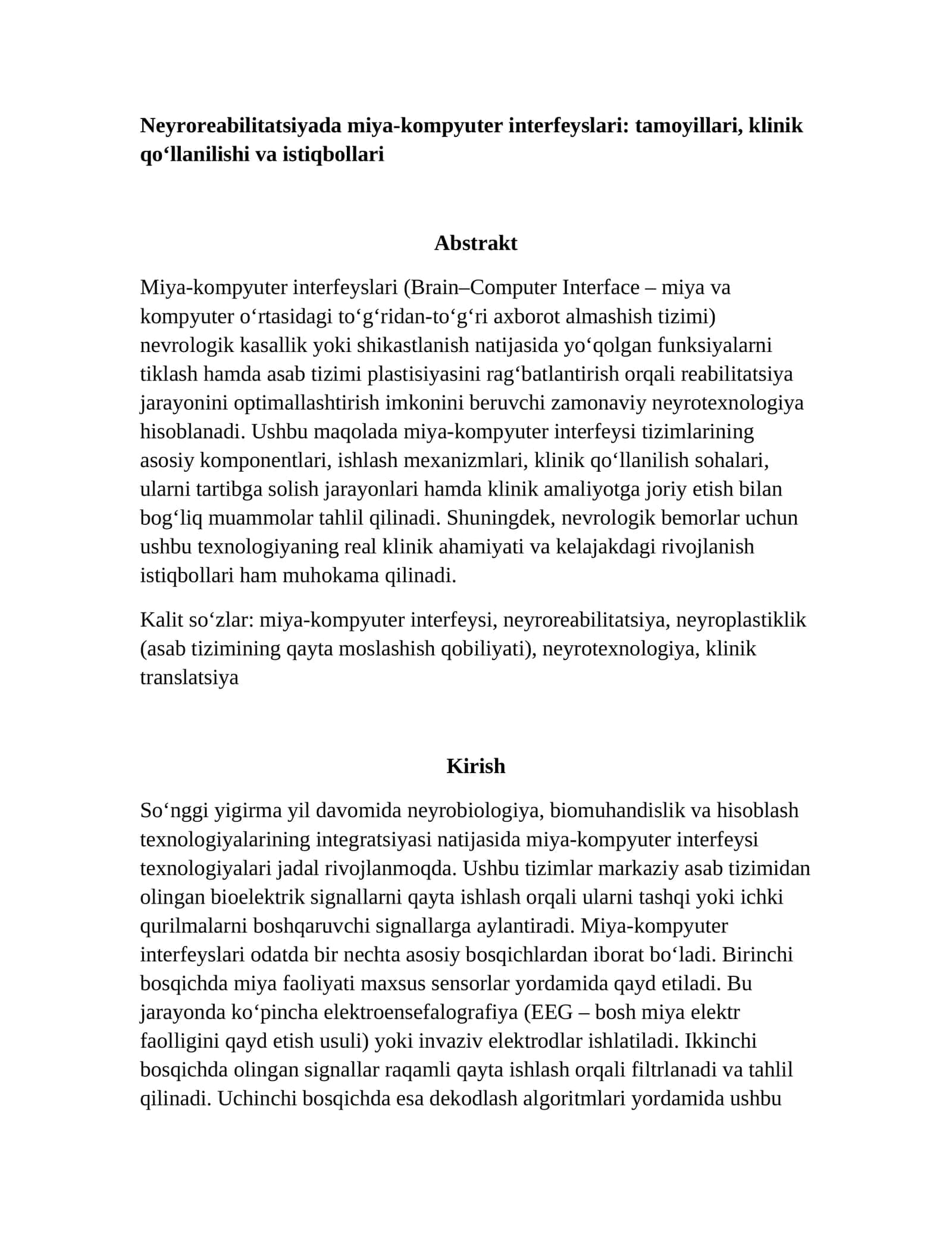 Neyroreabilitatsiyada miya-kompyuter interfeyslari: tamoyillari, klinik qo‘llanilishi va istiqbollari