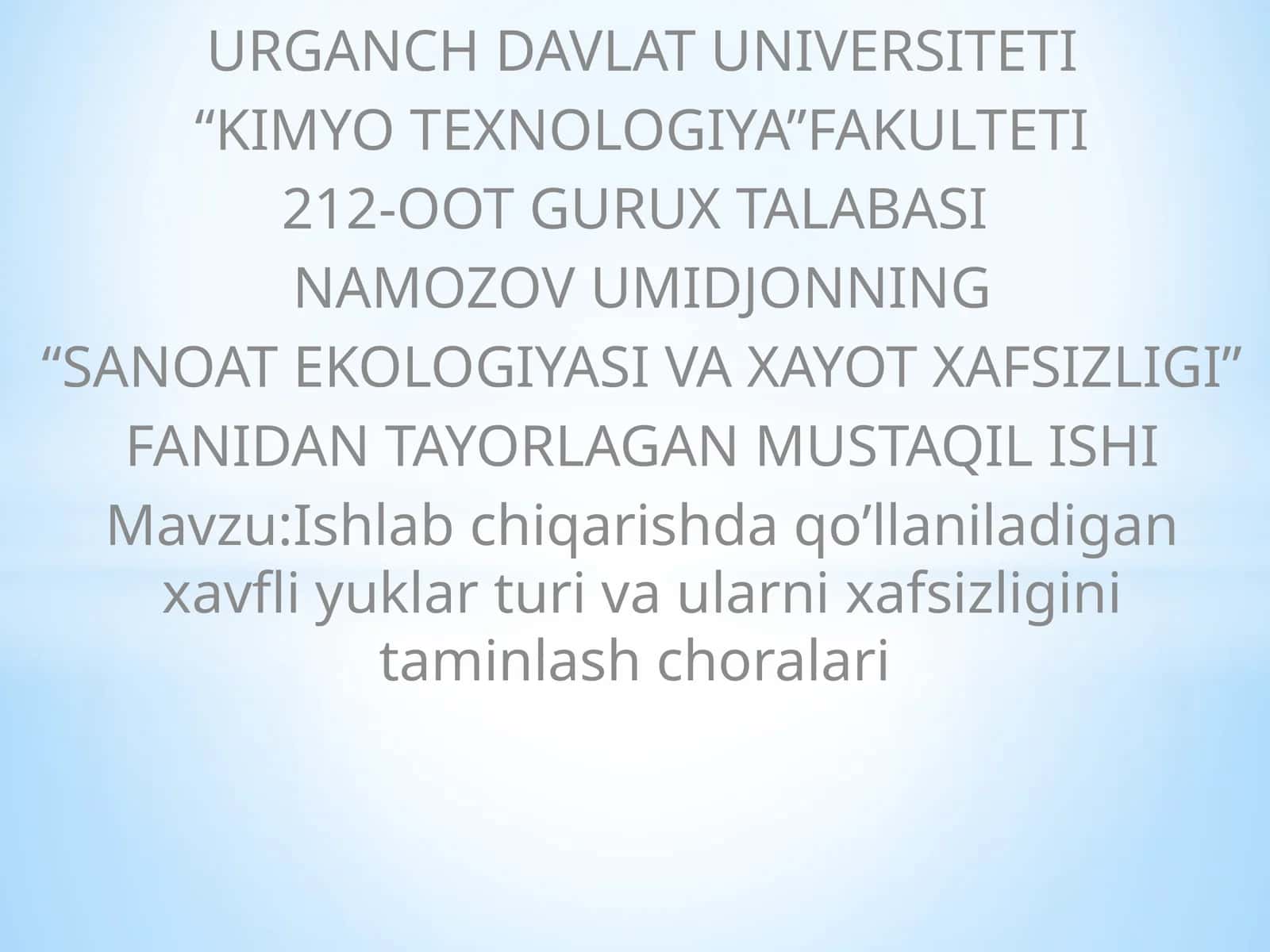 SANOAT EKOLOGIYASI VA XAYOT XAFSIZLIGI