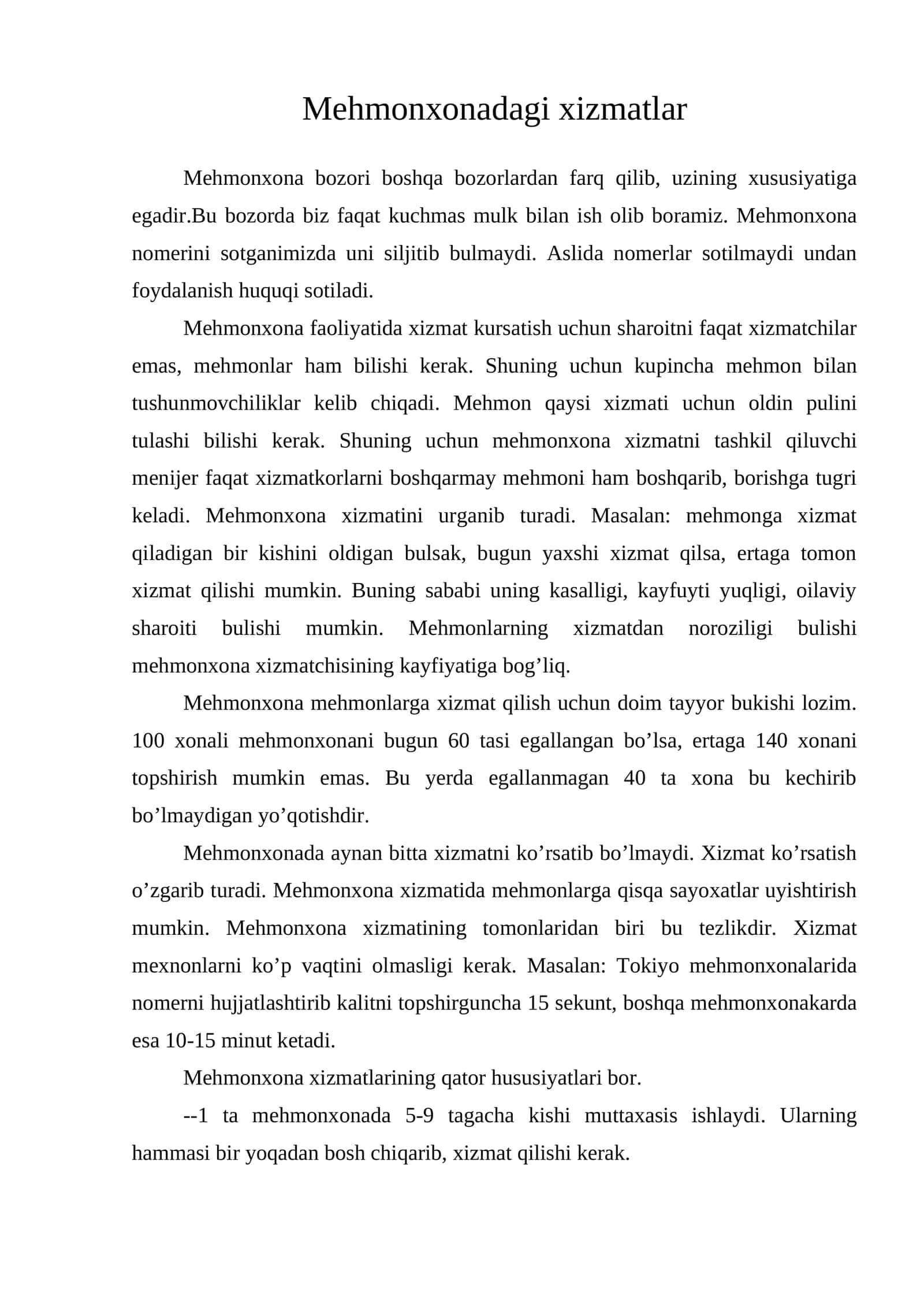 Mehmonxonadagi xizmatlar