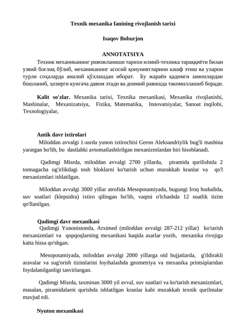 Texnik mexanika fanining rivojlanish tarixi