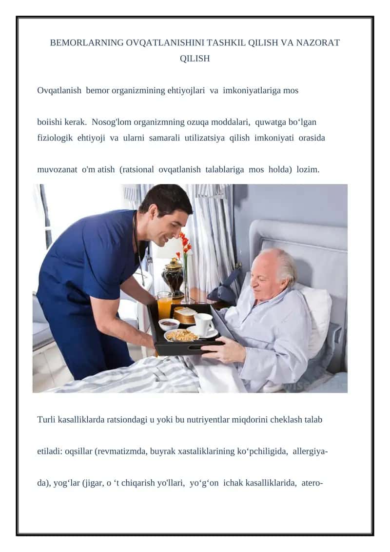 BEMORLARNING OVQATLANISHINI TASHKIL QILISH VA NAZORAT QILISH