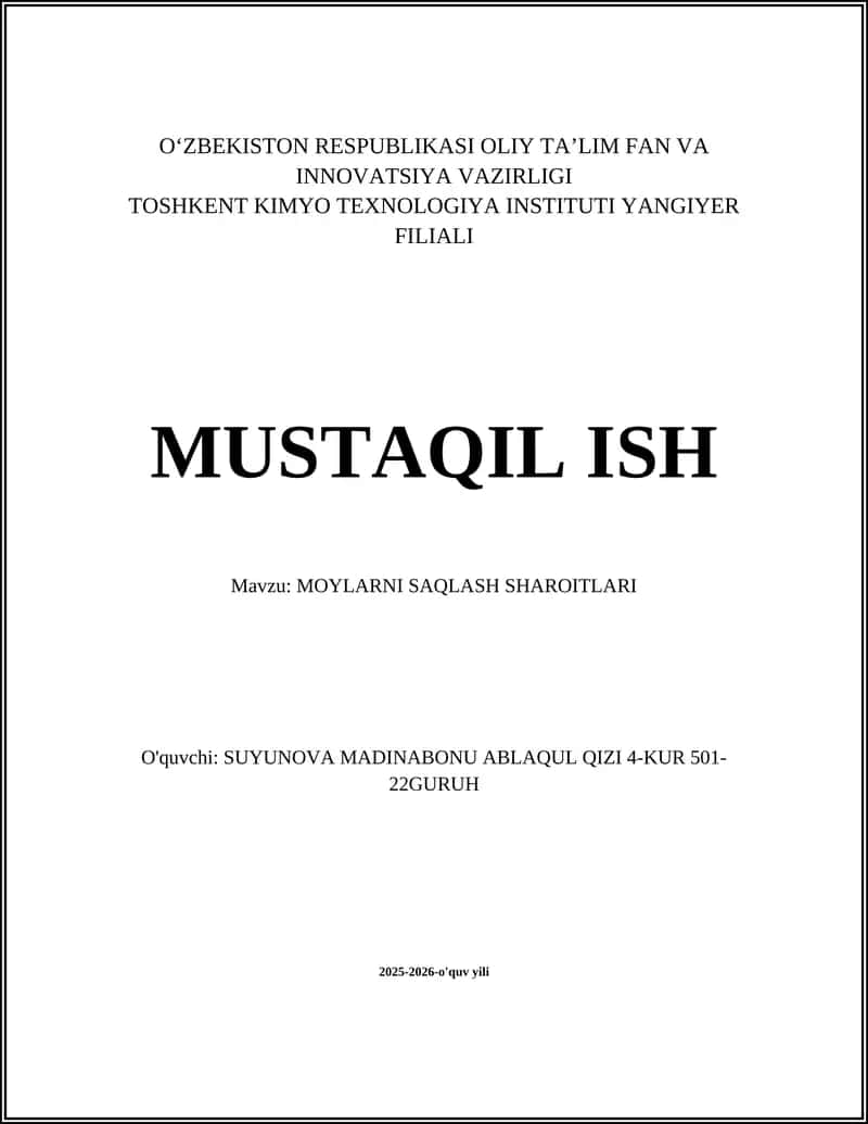 MOYLARNI SAQLASH SHAROITLARI