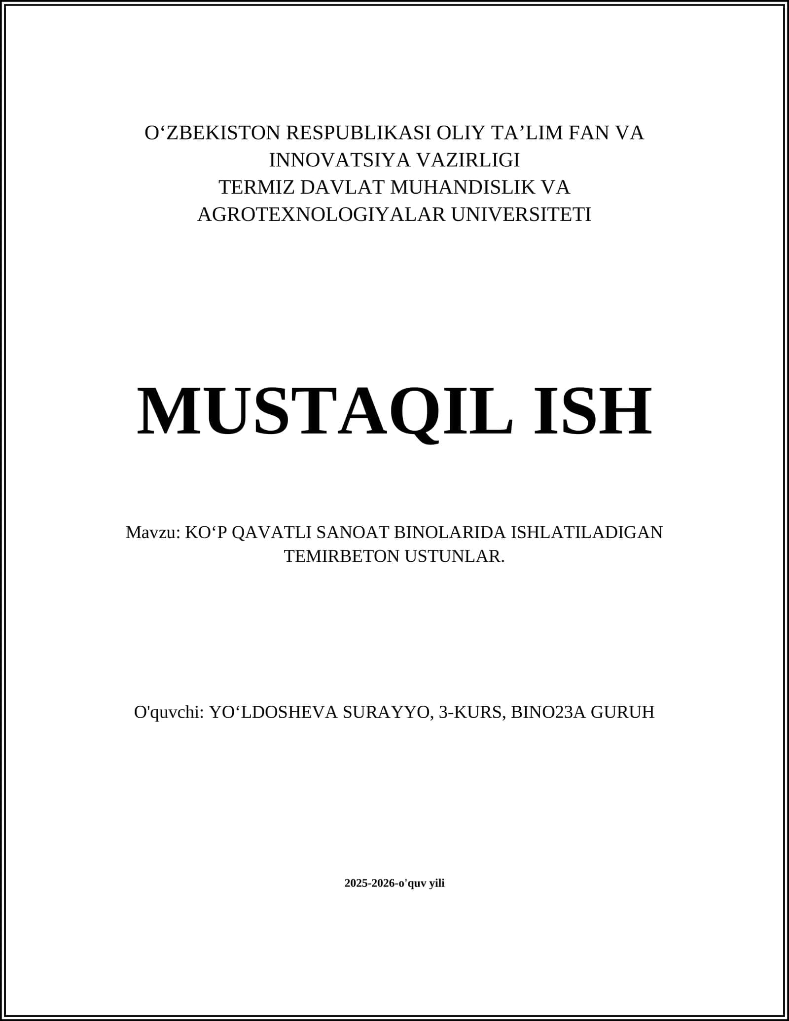 KOʻP QAVATLI SANOAT BINOLARIDA ISHLATILADIGAN TEMIRBETON USTUNLAR