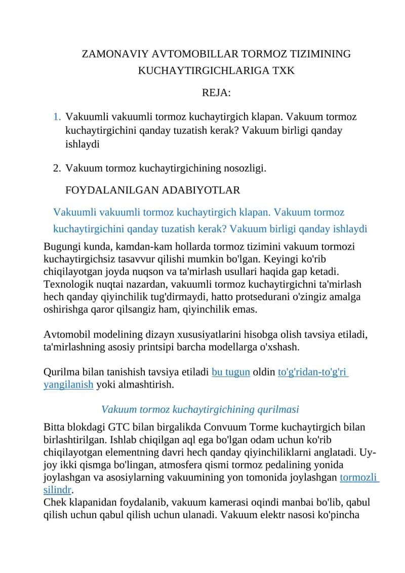 Vakuumli vakuumli tormoz kuchaytirgich klapan