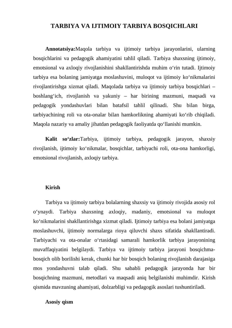 TARBIYA VA IJTIMOIY TARBIYA BOSQICHLARI