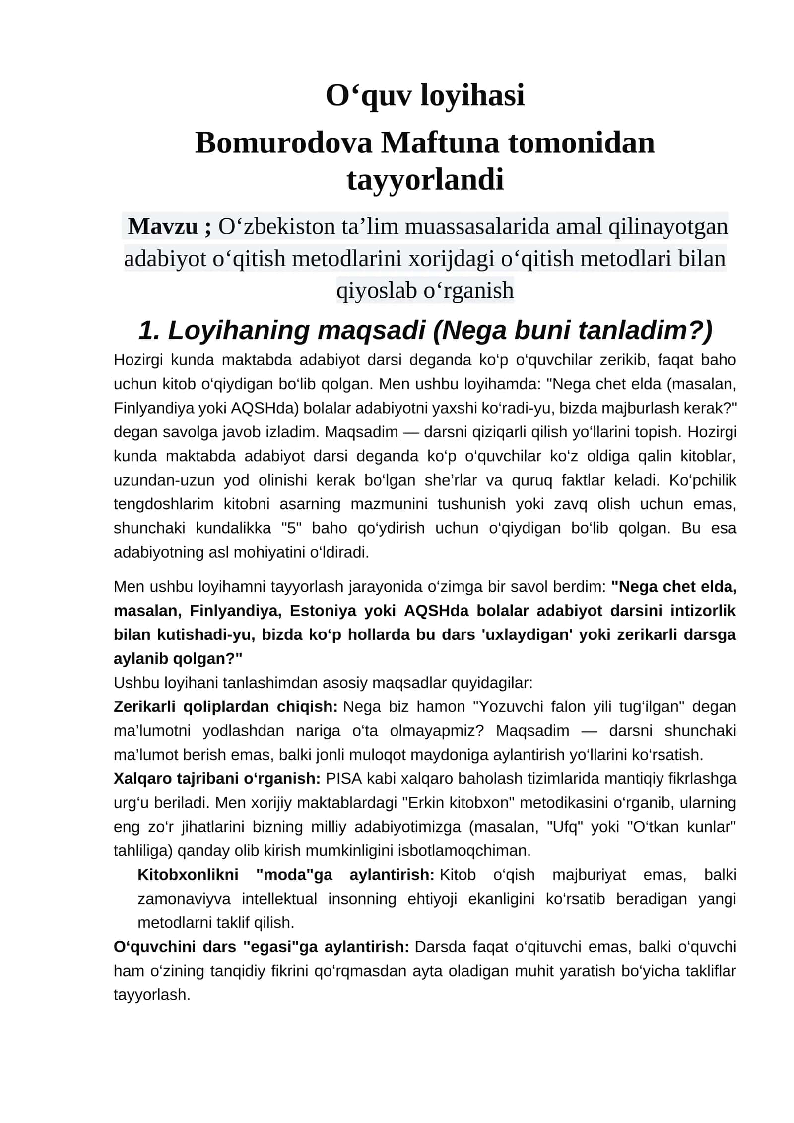 O‘zbekiston ta’lim muassasalarida amal qilinayotgan adabiyot o‘qitish metodlarini xorijdagi o‘qitish metodlari bilan qiyoslab o‘rganish
