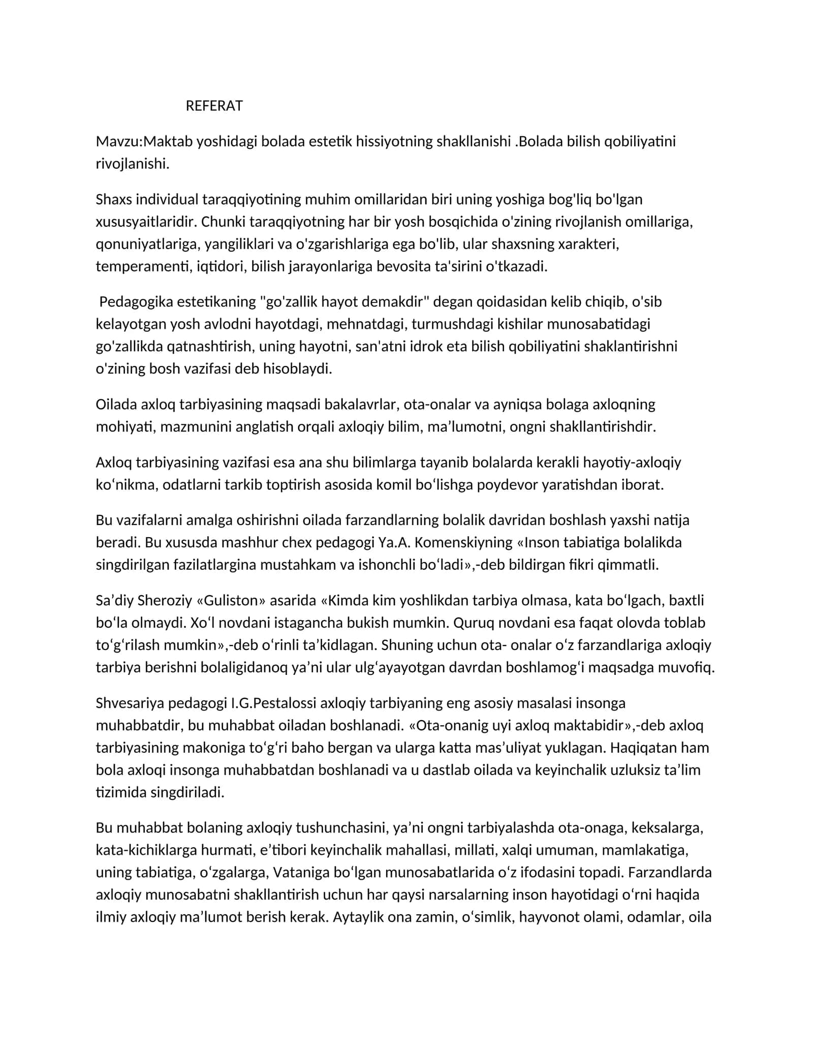 Maktab yoshidagi bolada estetik hissiyotning shakllanishi