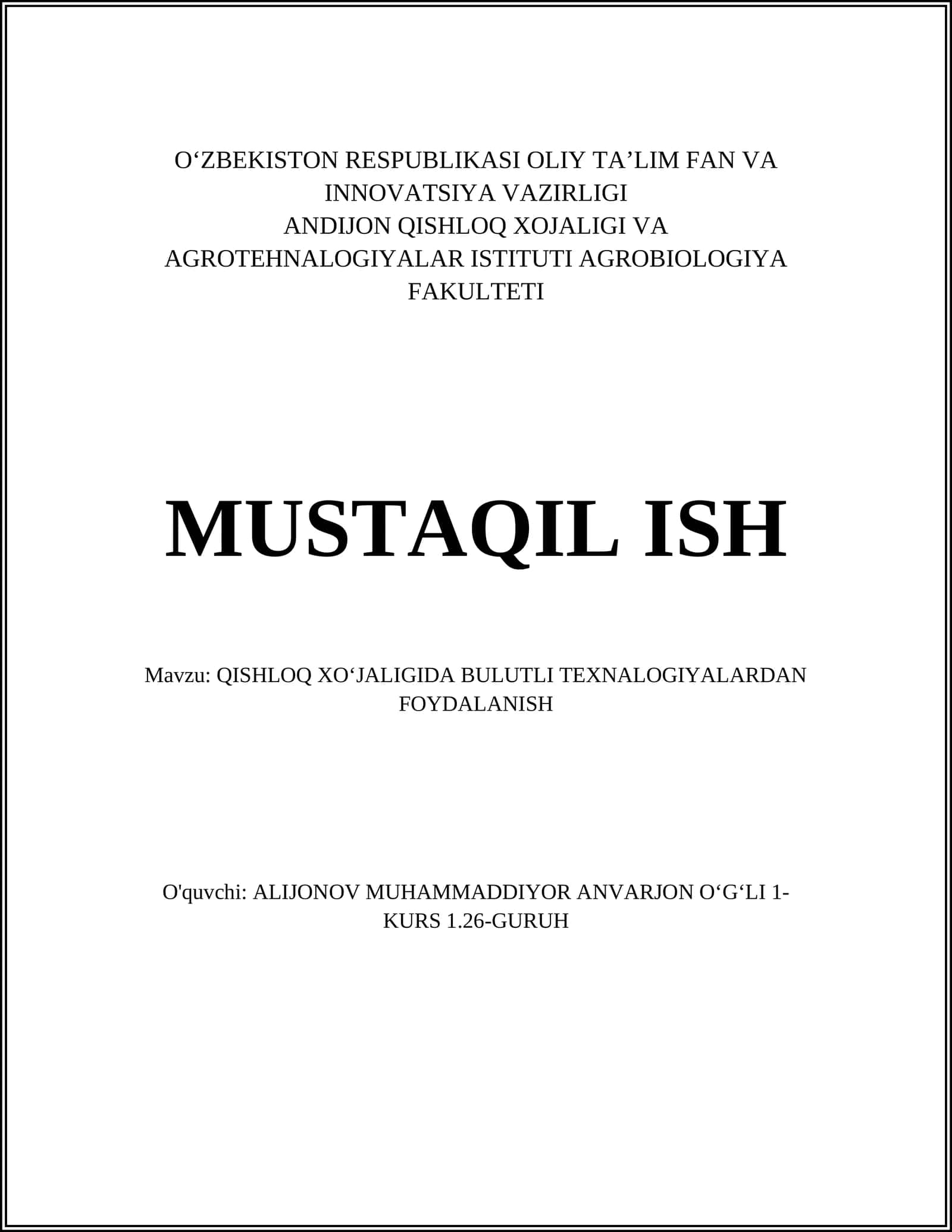 QISHLOQ XOʻJALIGIDA BULUTLI TEXNALOGIYALARDAN FOYDALANISH