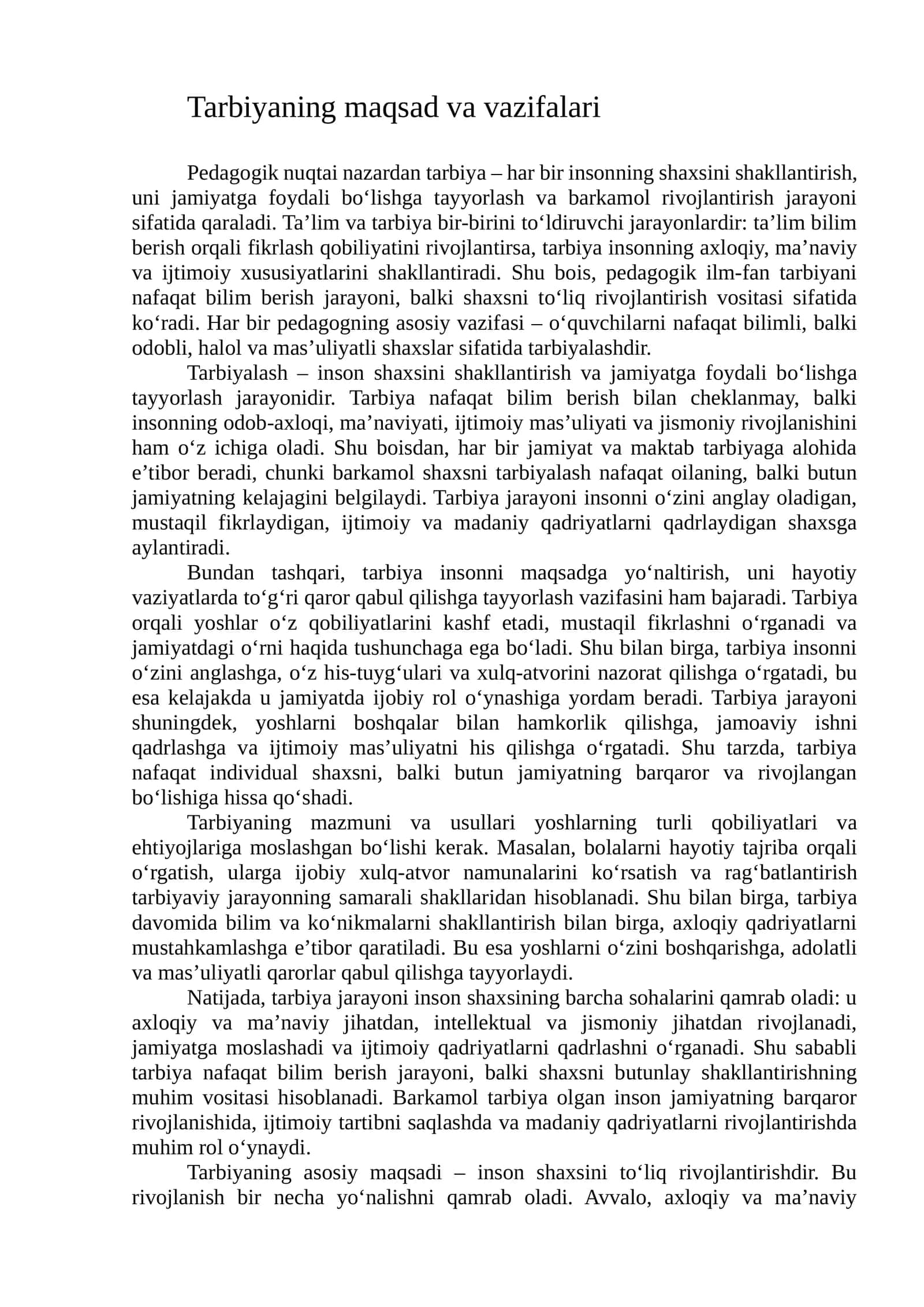 Tarbiyaning maqsad va vazifalari