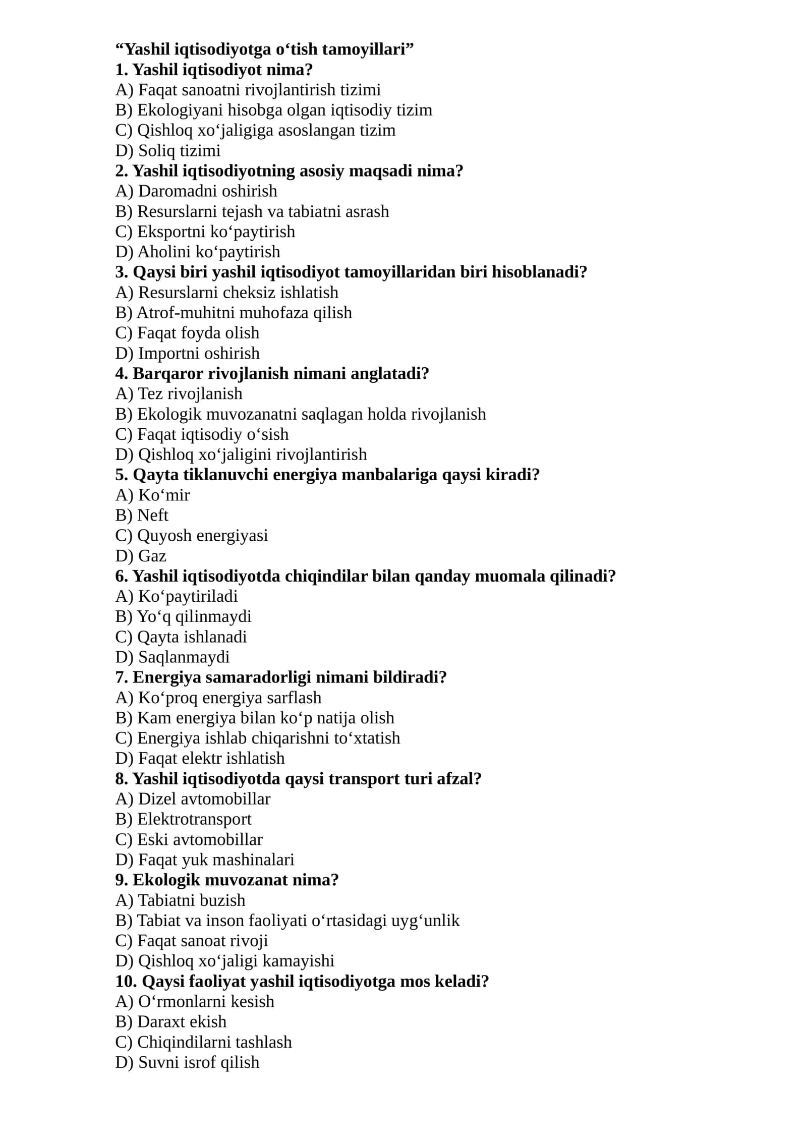 Yashil iqtisodiyotga o‘tish tamoyillari
