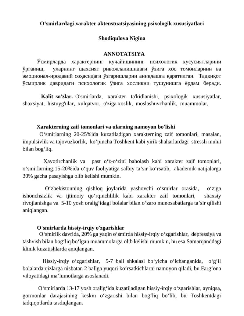 O‘smirlardagi xarakter aktenstuatsiyasining psixologik xususiyatlari