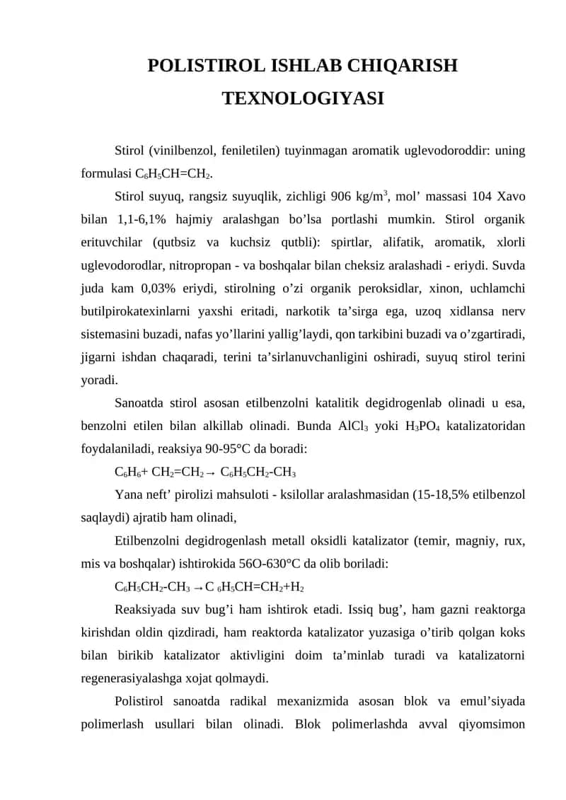 POLISTIROL ISHLAB CHIQARISH TЕХNOLOGIYASI