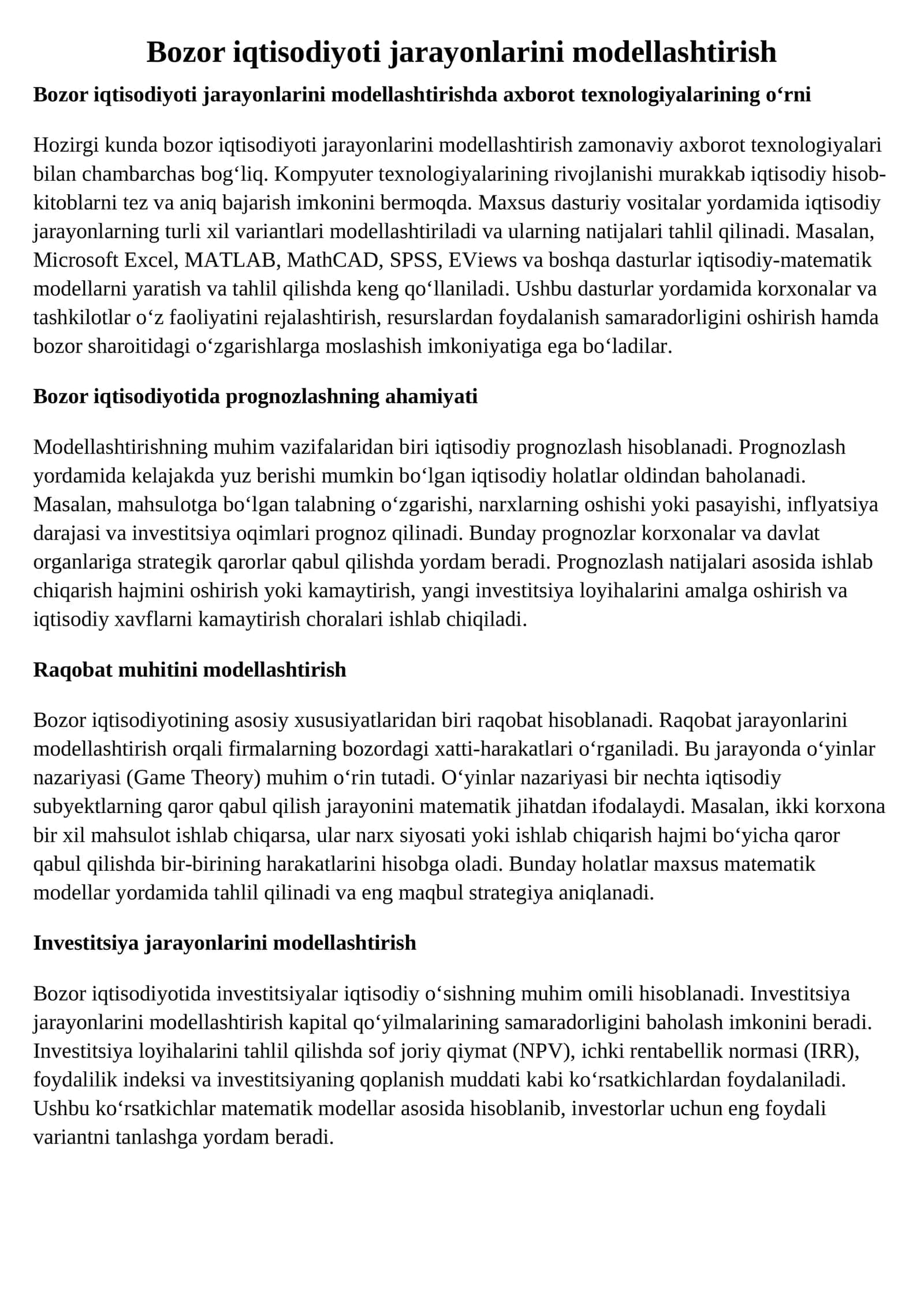 Bozor iqtisodiyoti jarayonlarini modellashtirish