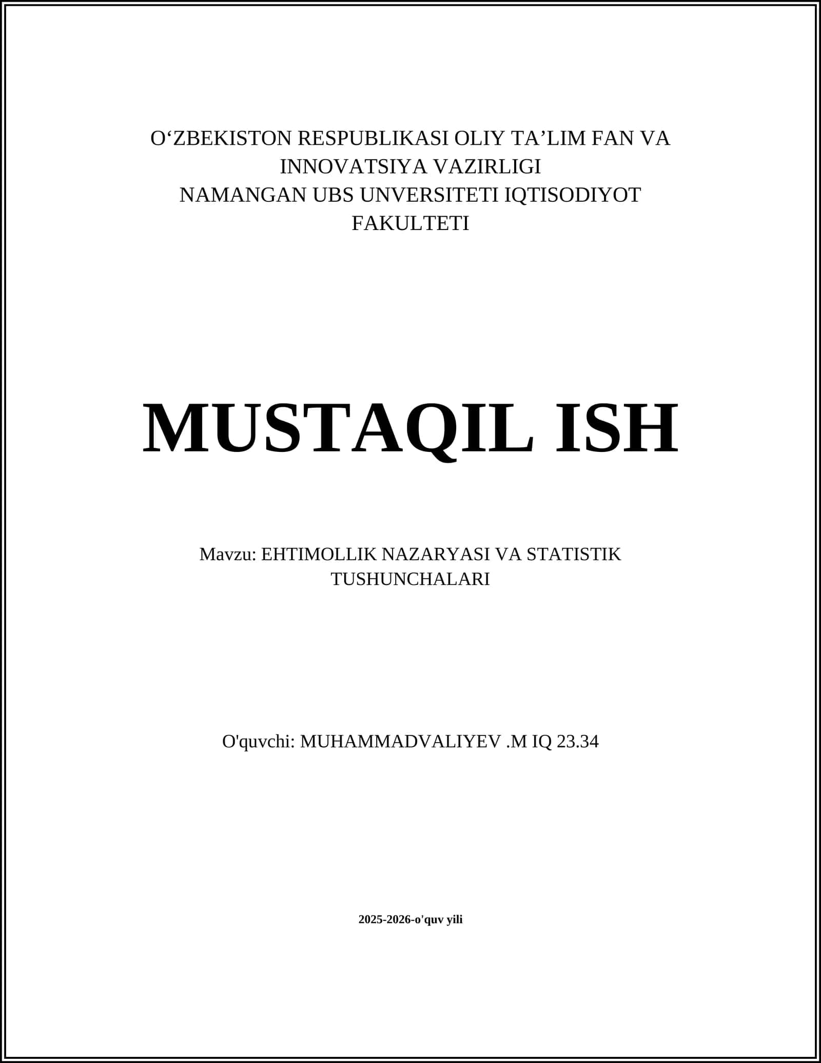 EHTIMOLLIK NAZARYASI VA STATISTIK TUSHUNCHALARI