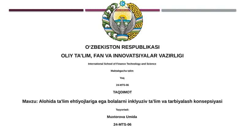 Alohida ta'lim ehtiyojlariga ega bolalarni inklyuziv ta'lim va tarbiyalash konsepsiyasi