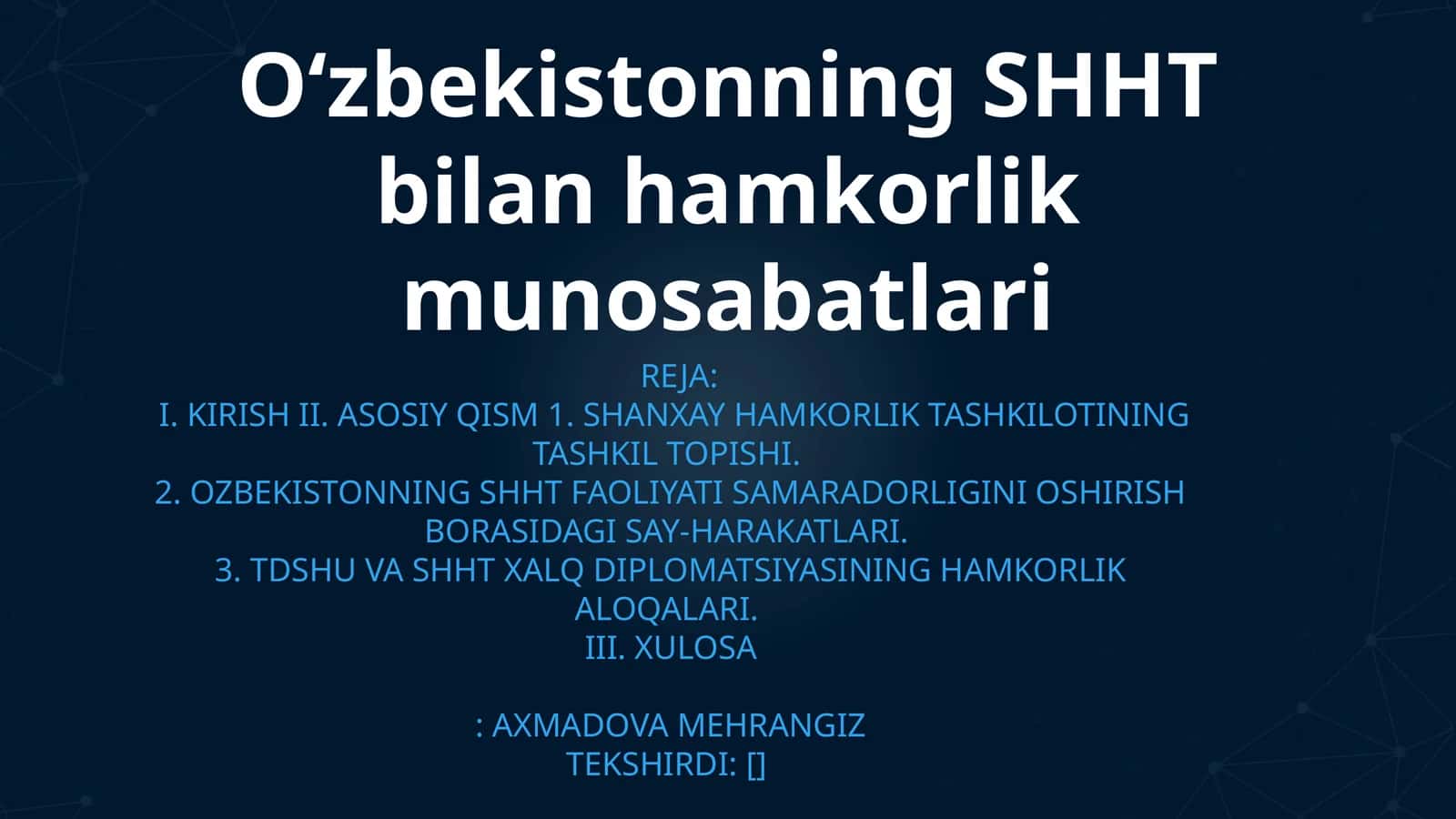 Oʻzbekistonning SHHT bilan hamkorlik munosabatlari