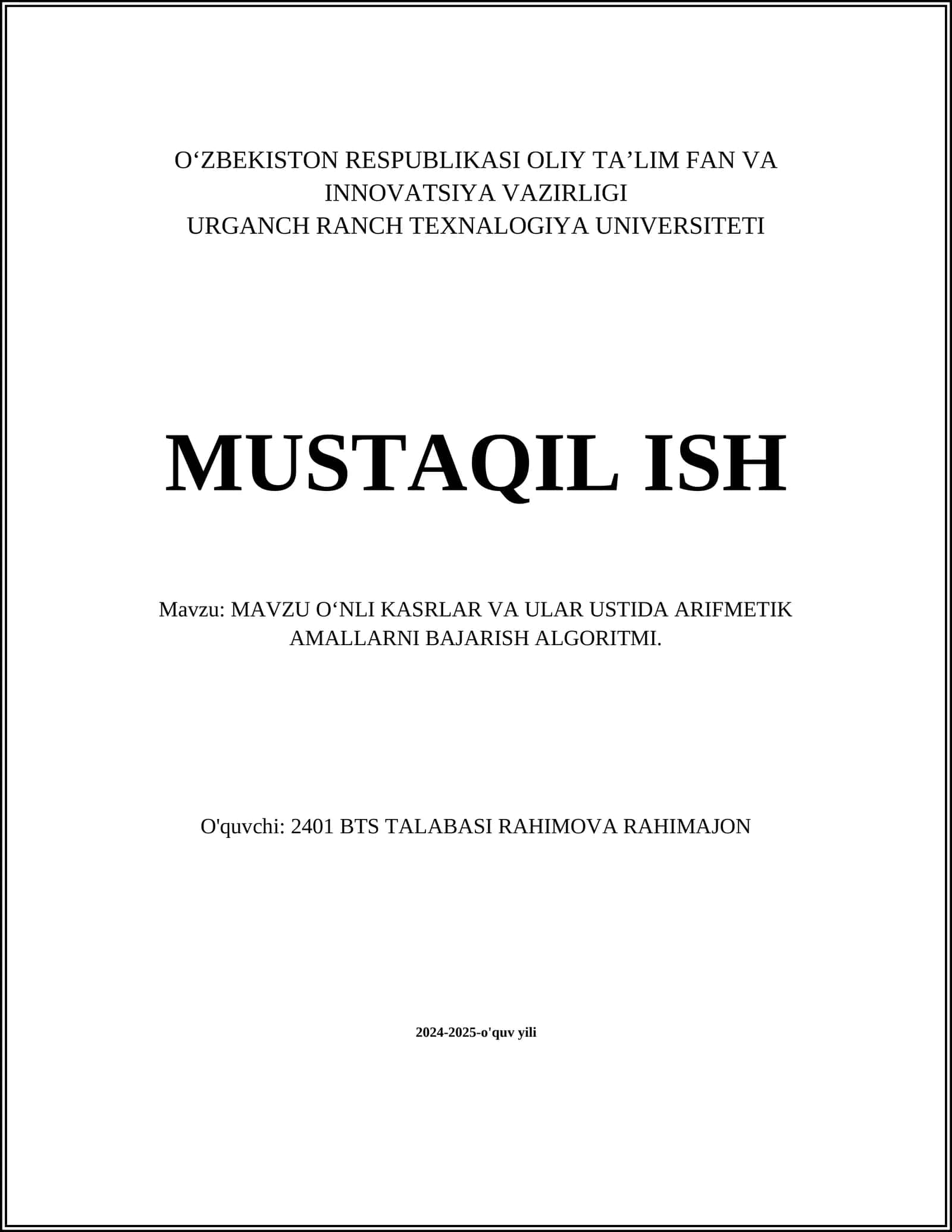O'nli kasrlar va ularda arifmetik amallarni bajarish algoritmi