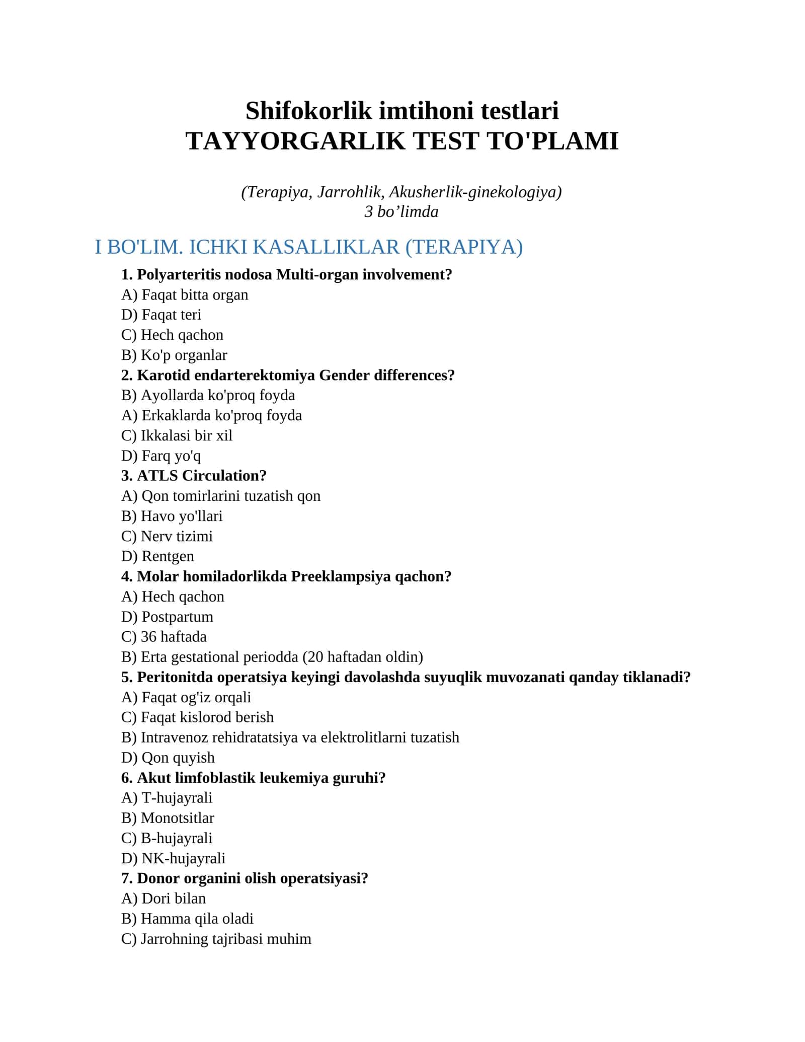 Shifokorlik imtihoni testlari