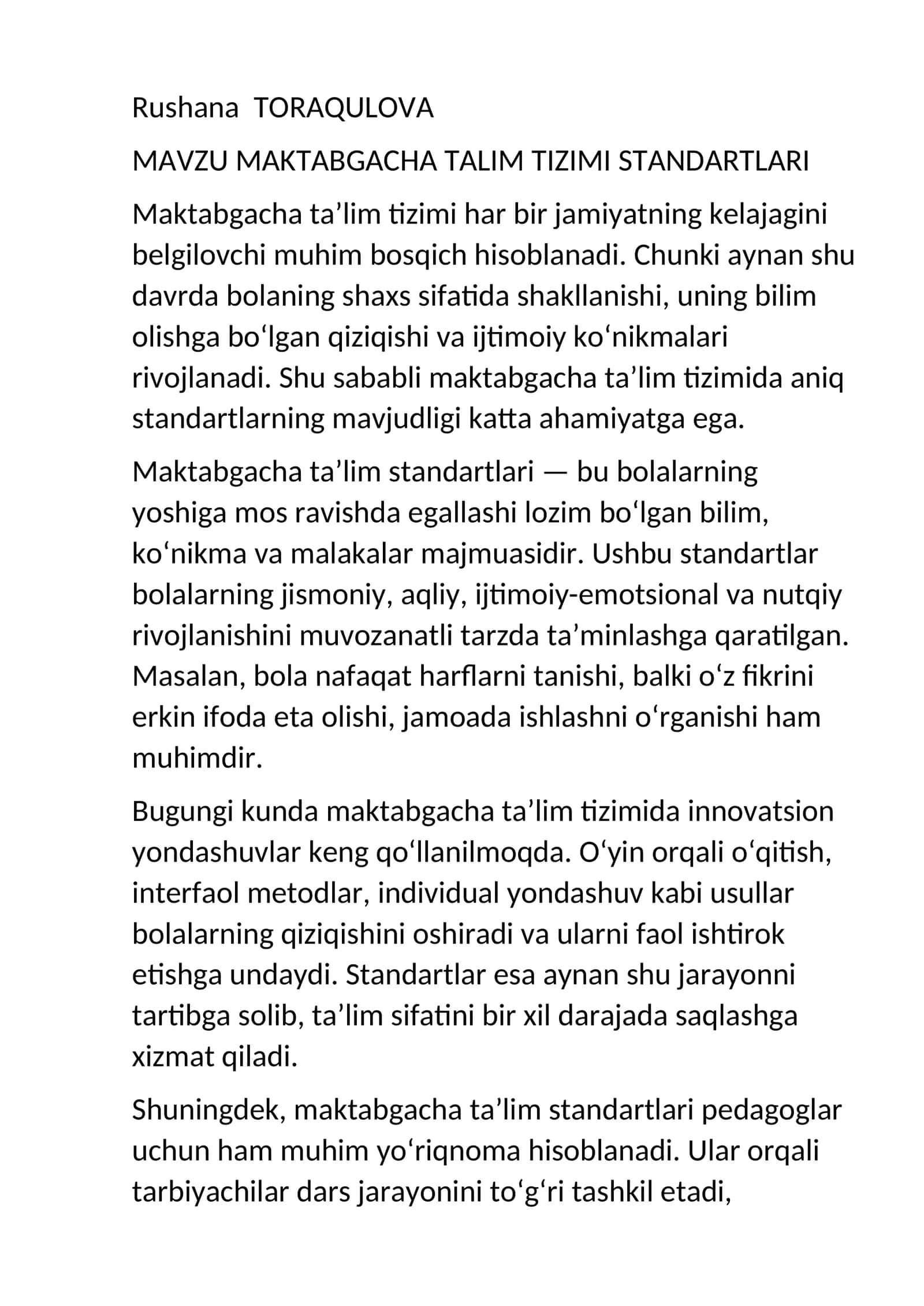 MAKTABGACHA TALIM TIZIMI STANDARTLARI