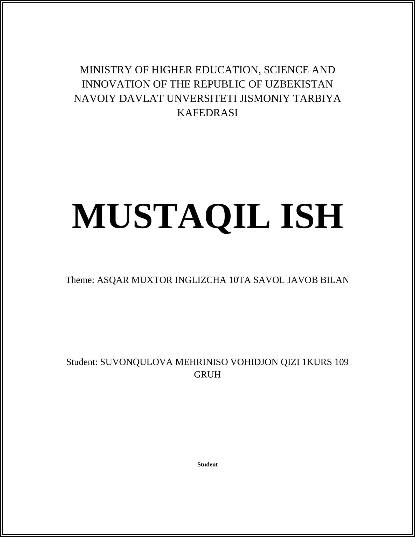 ASQAR MUXTOR INGLIZCHA 10TA SAVOL JAVOB BILAN