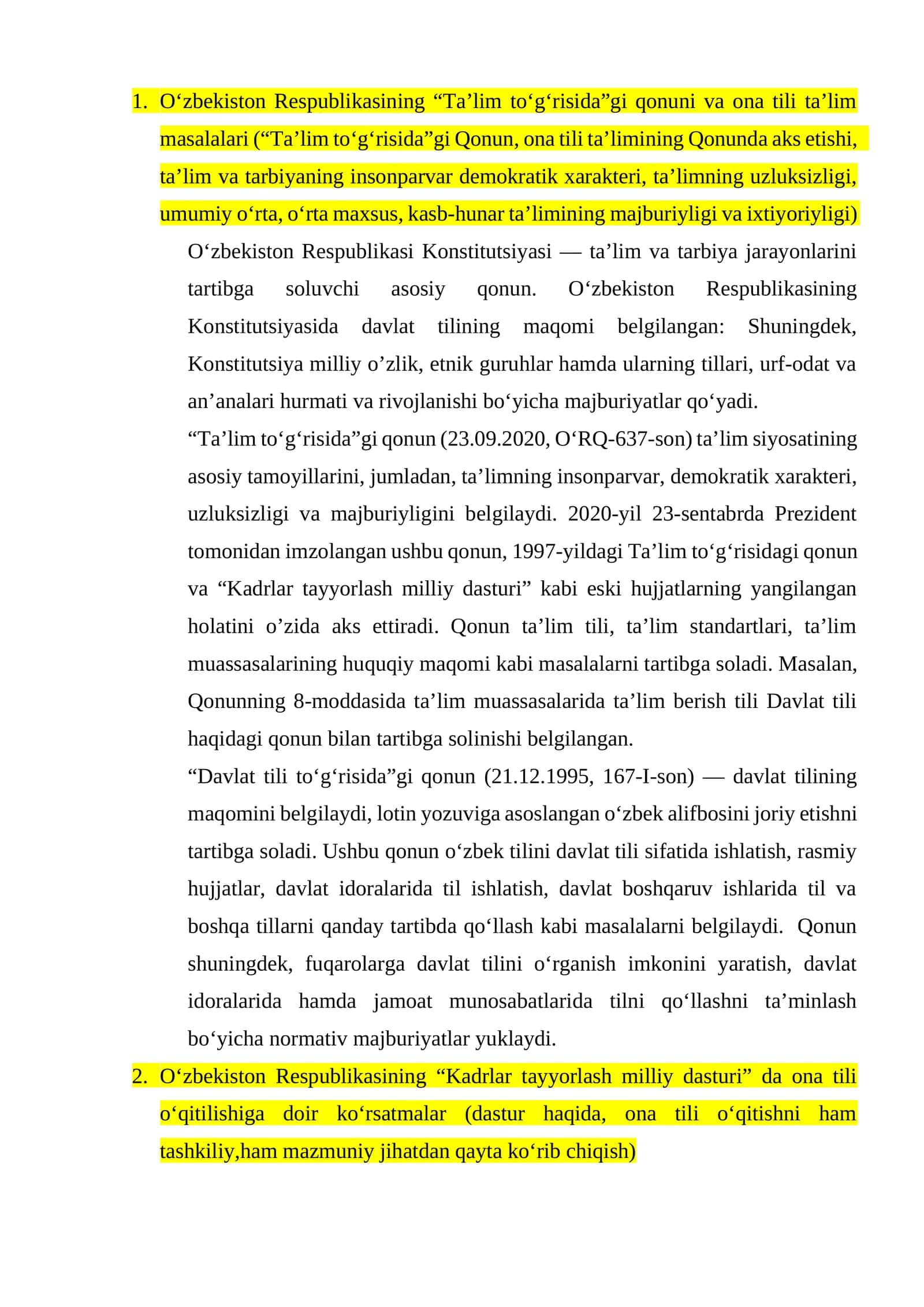 O‘zbekiston Respublikasining “Ta’lim to‘g‘risida”gi qonuni va ona tili ta’lim masalalari