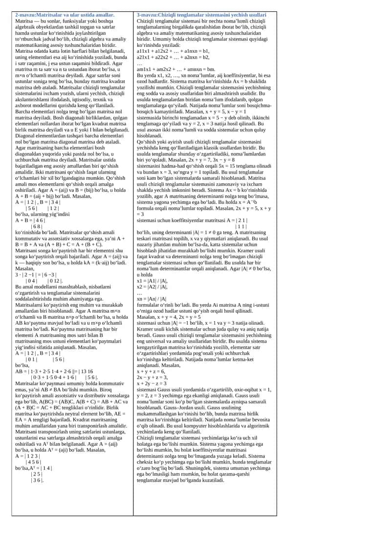 2-mavzu: Matritsalar va ular ustida amallar