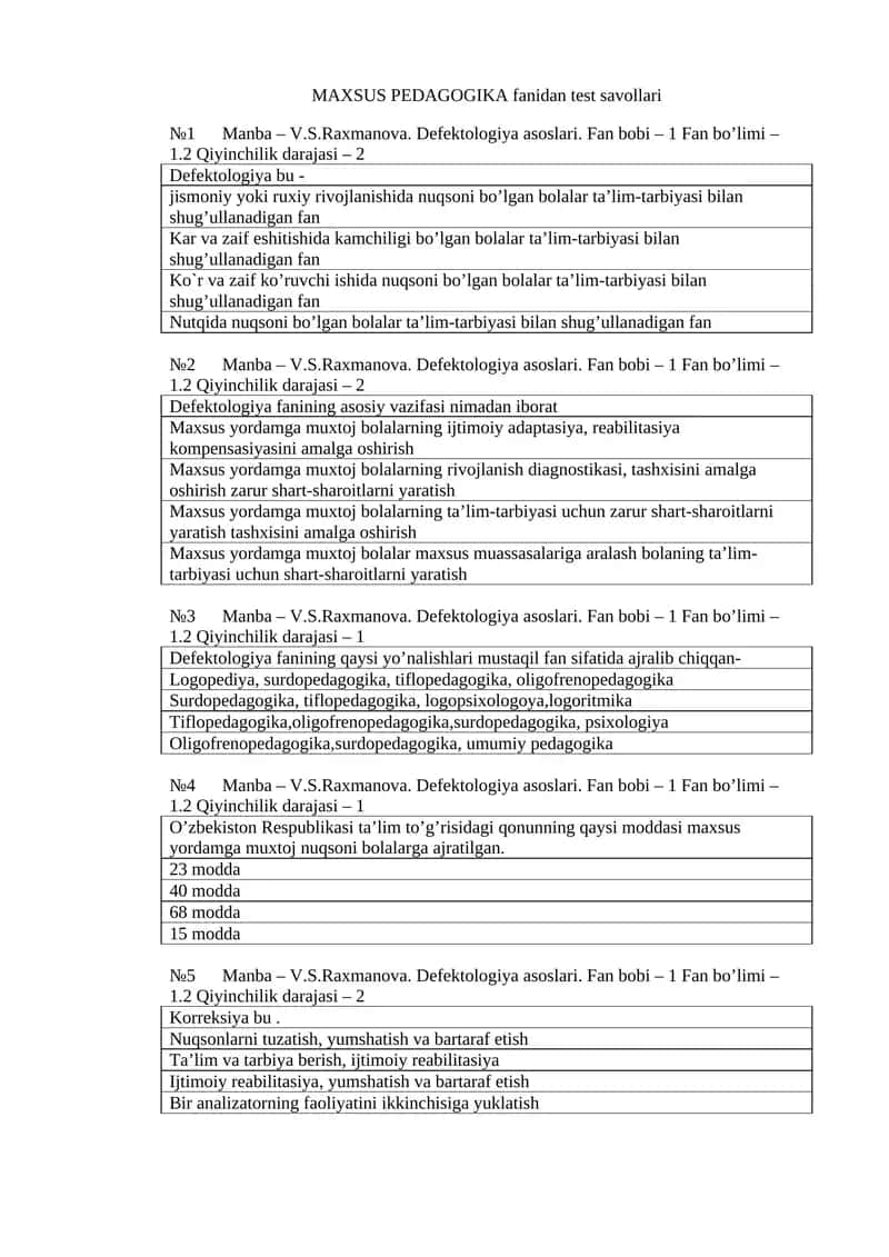 MAXSUS PEDAGOGIKA fanidan test savollari