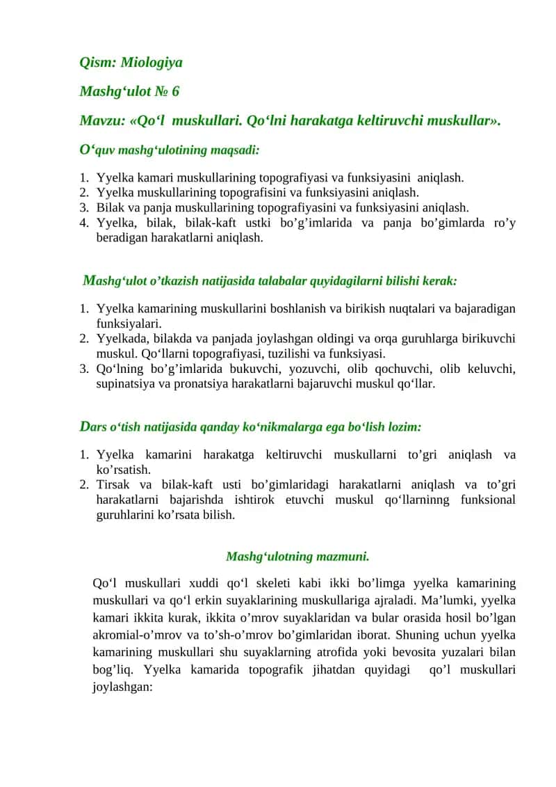 Miologiya Mashg‘ulot № 6