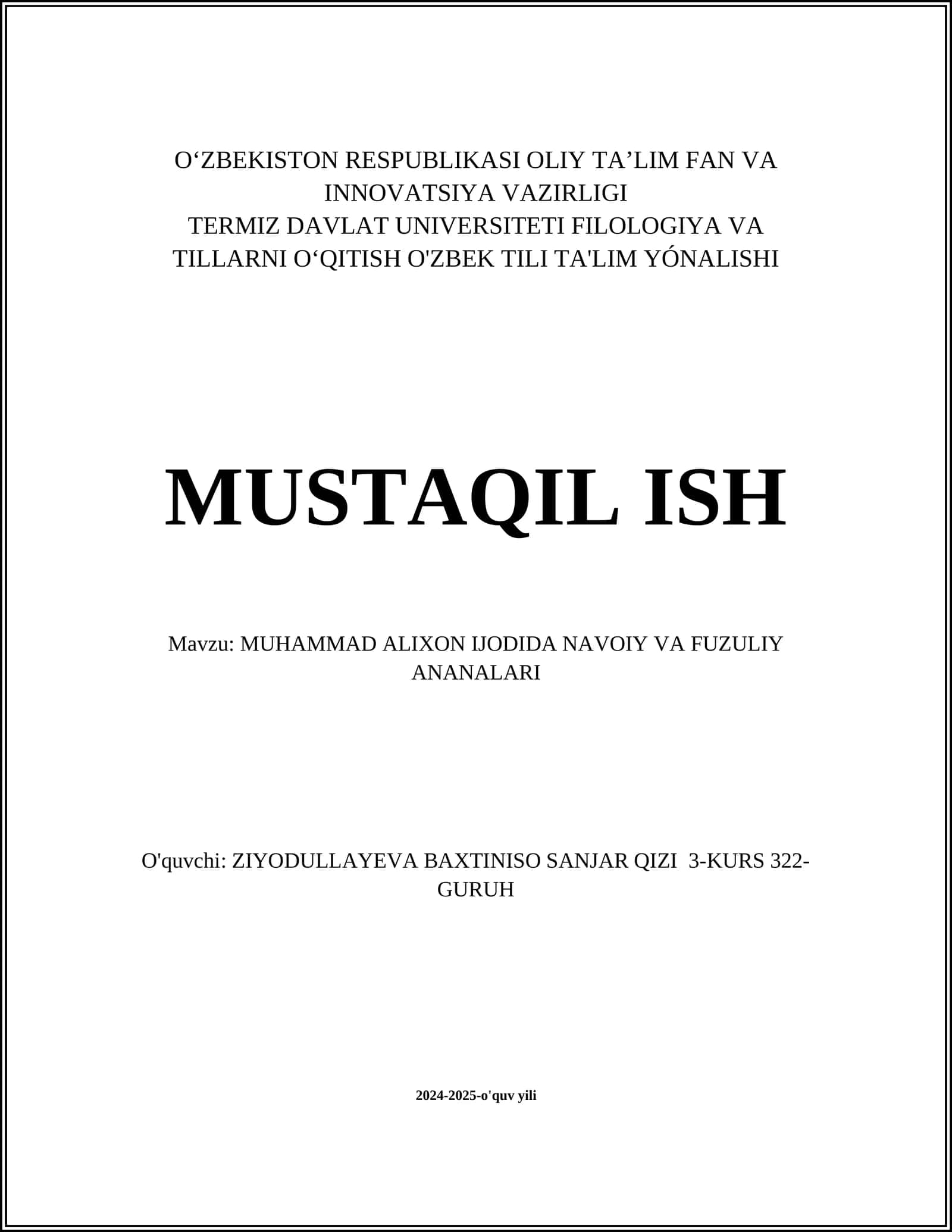 MUHAMMAD ALIXON IJODIDA NAVOIY VA FUZULIY ANANALARI