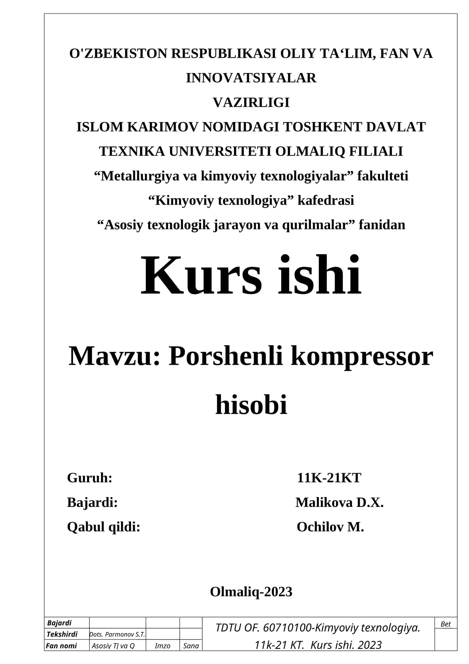 Porshenli kompressor hisobi