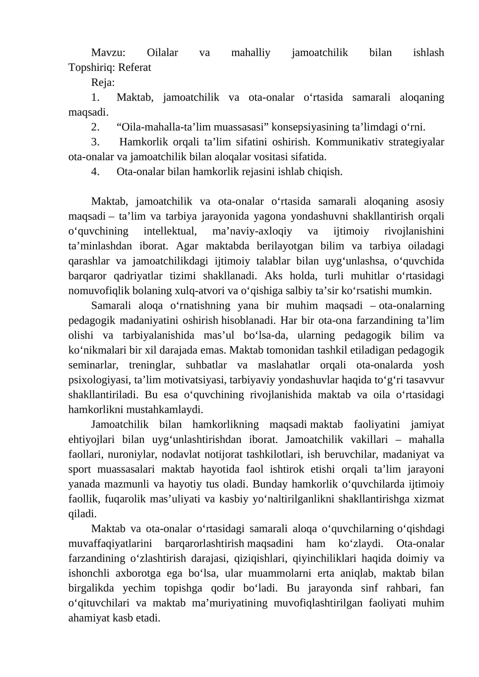 Oilalar va mahalliy jamoatchilik bilan ishlash