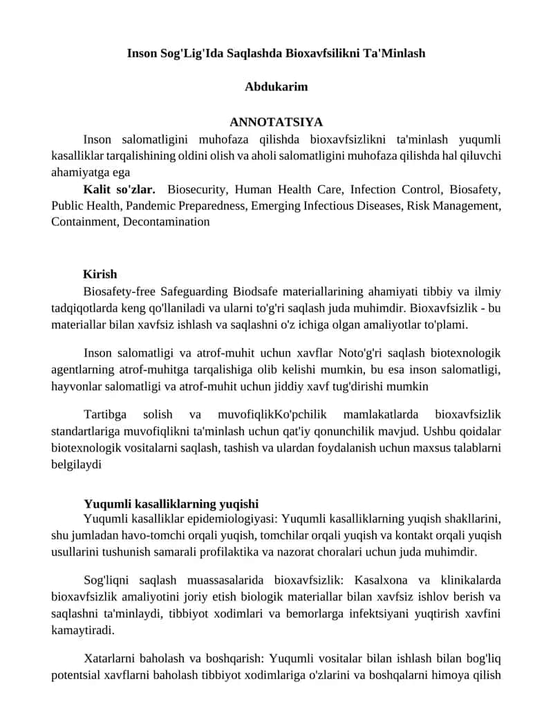 Inson Sog'Lig'Ida Saqlashda Bioxavfsilikni Ta'Minlash